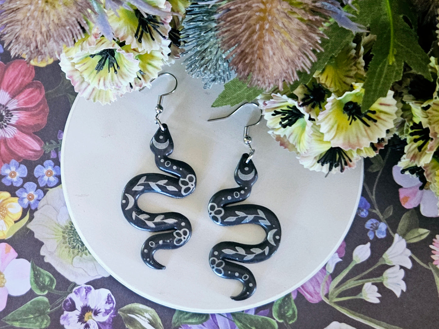 Grey and Silver Floral Snake Earrings Medium