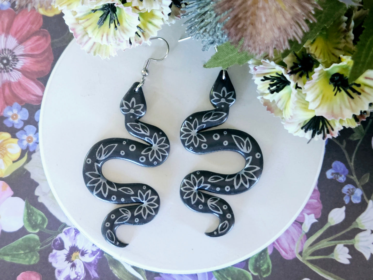 Grey and Silver Floral Snake Earrings Large