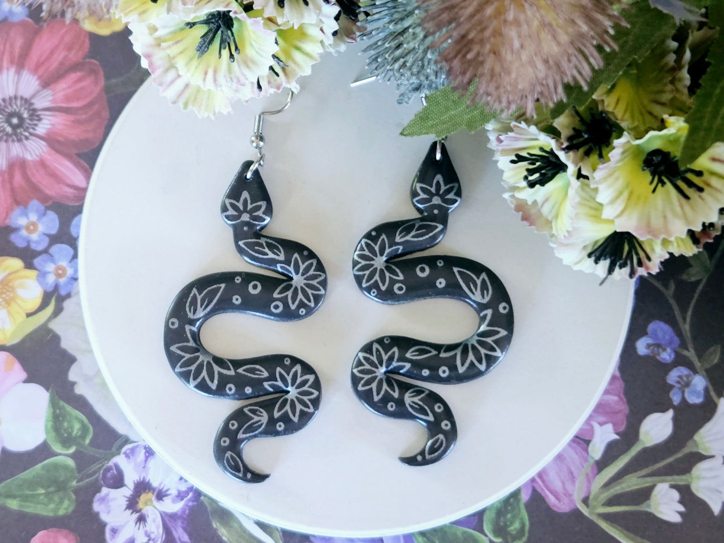 Grey and Silver Floral Snake Earrings Large