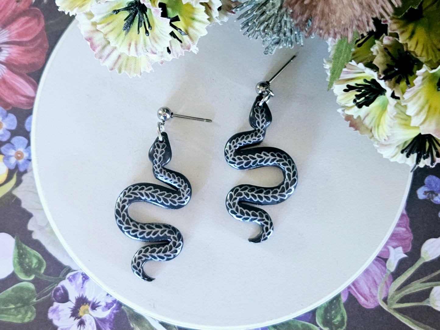 Grey and Silver Floral Snake Earrings Small