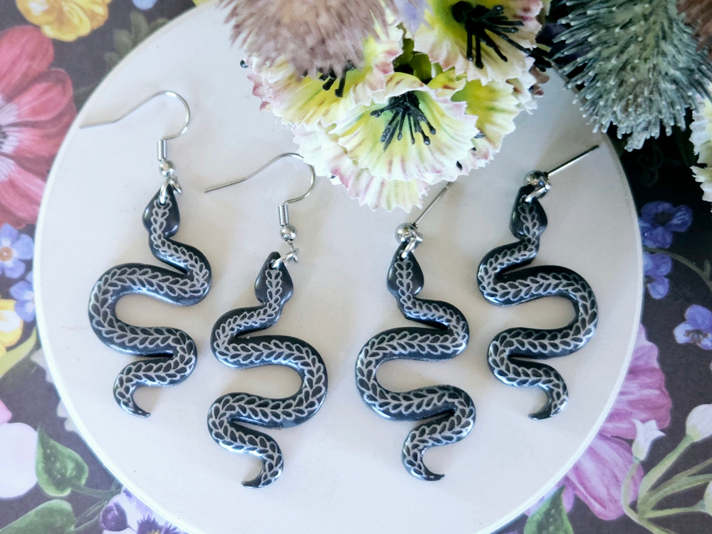 Grey and Silver Floral Snake Earrings Small