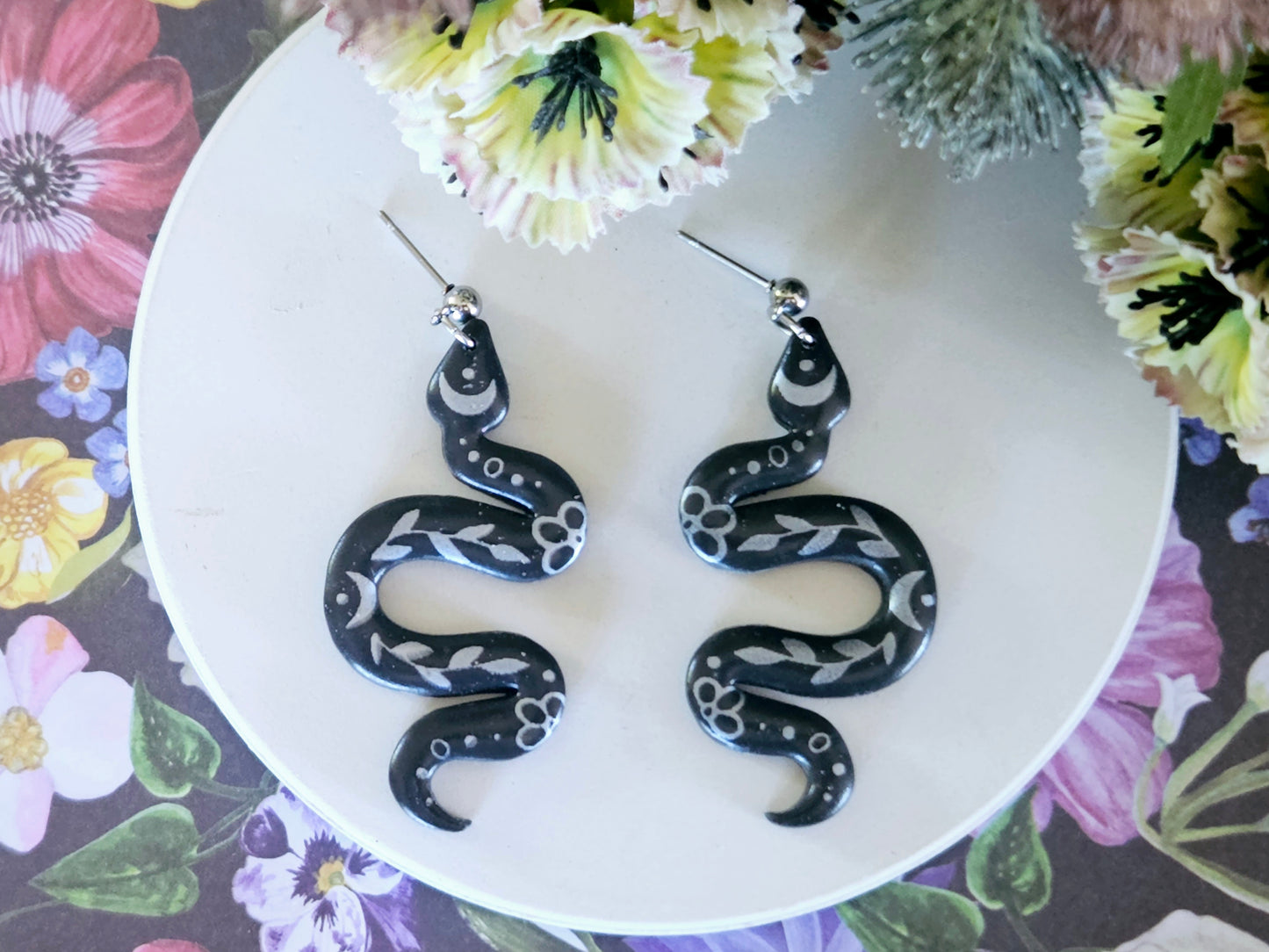 Grey and Silver Floral Snake Earrings Medium