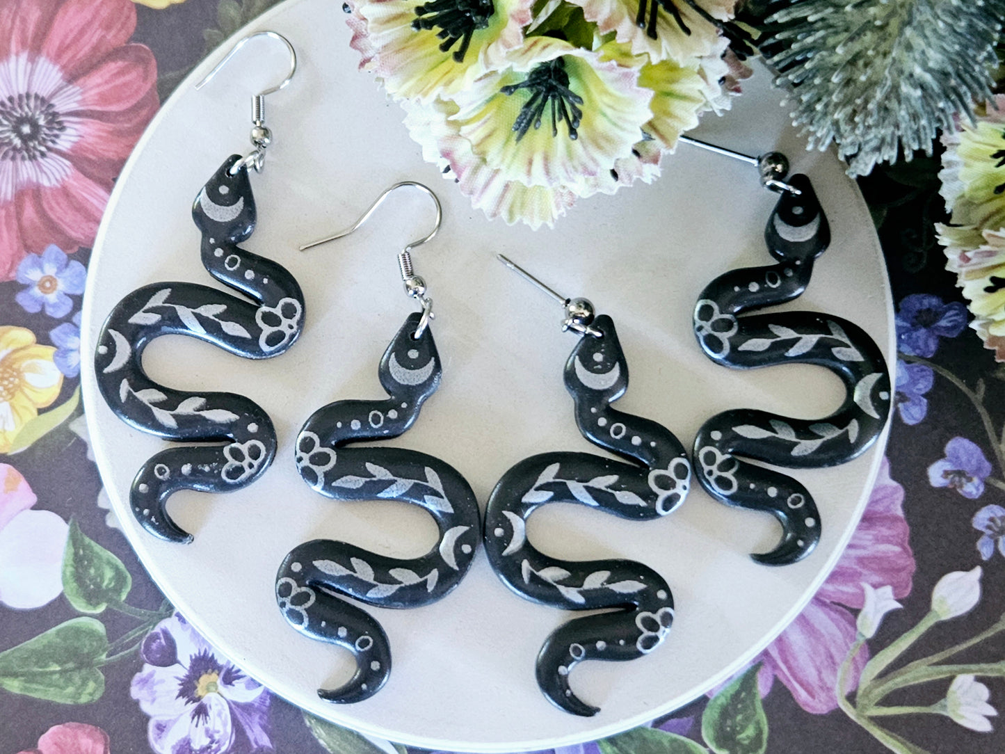 Grey and Silver Floral Snake Earrings Medium