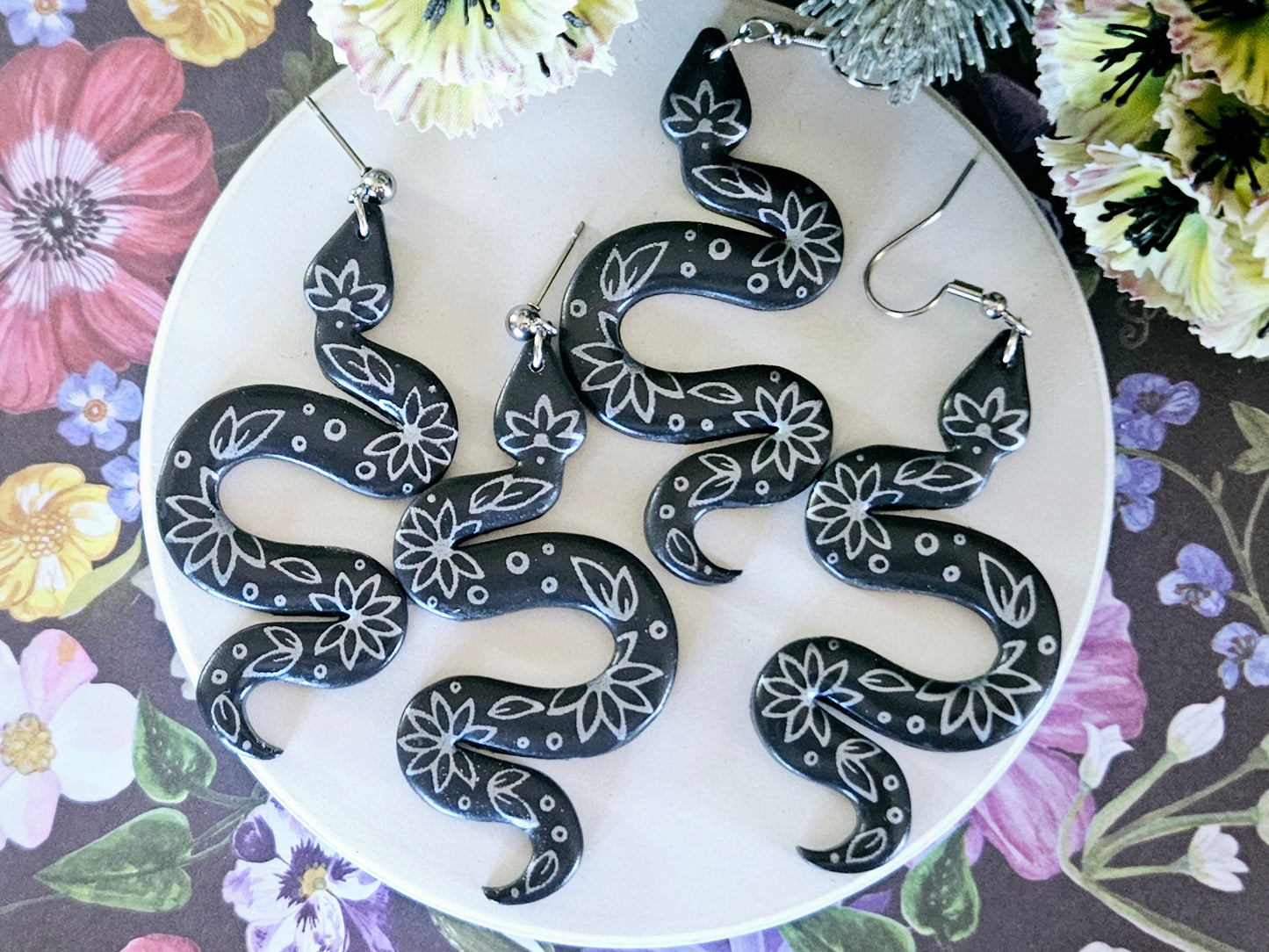 Grey and Silver Floral Snake Earrings Large