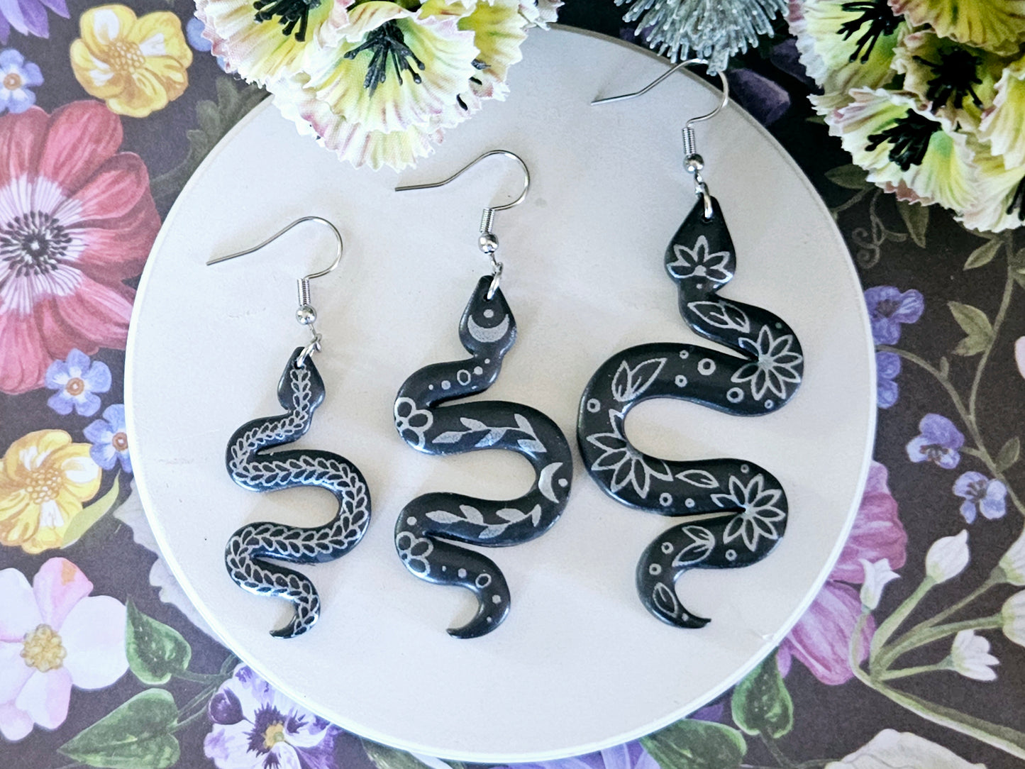 Grey and Silver Floral Snake Earrings Large