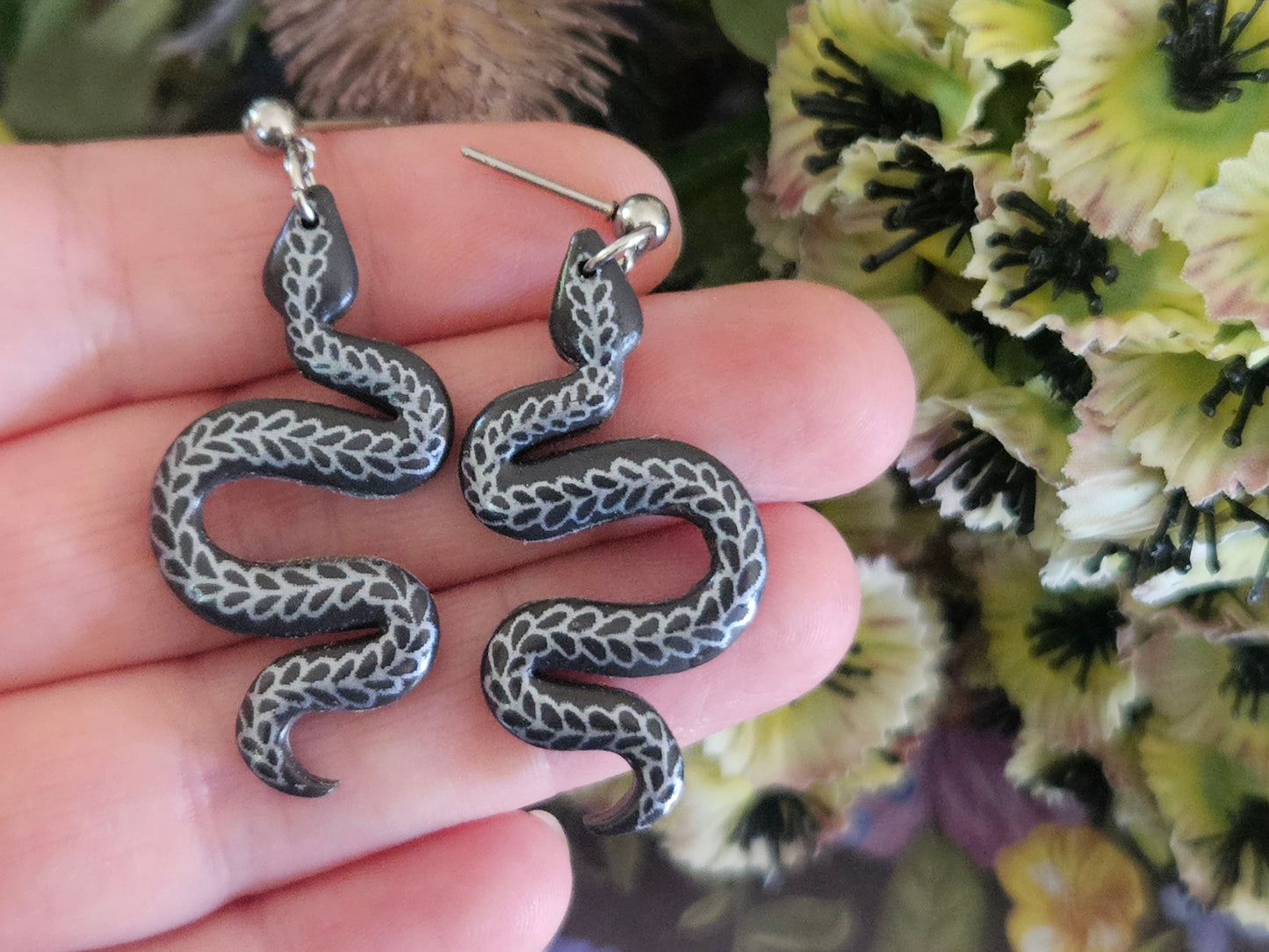 Grey and Silver Floral Snake Earrings Small