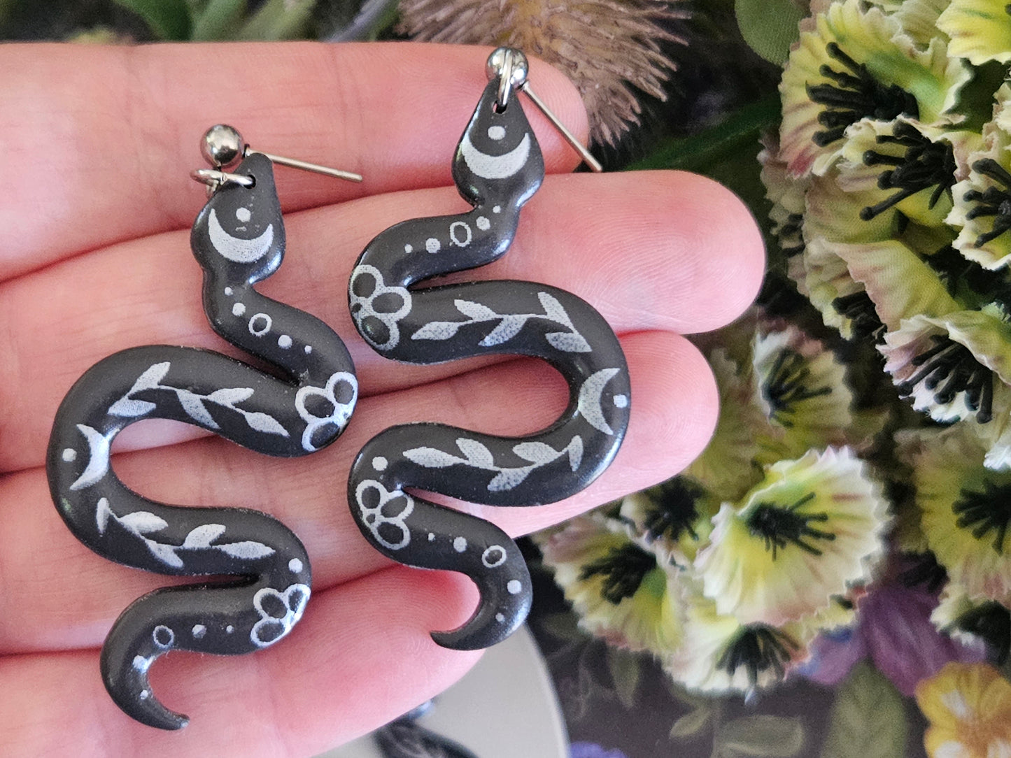 Grey and Silver Floral Snake Earrings Medium