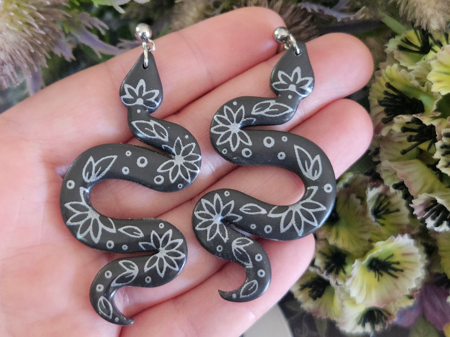 Grey and Silver Floral Snake Earrings Large