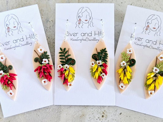 Kākābeak and Kōwhai Bouquet Earrings