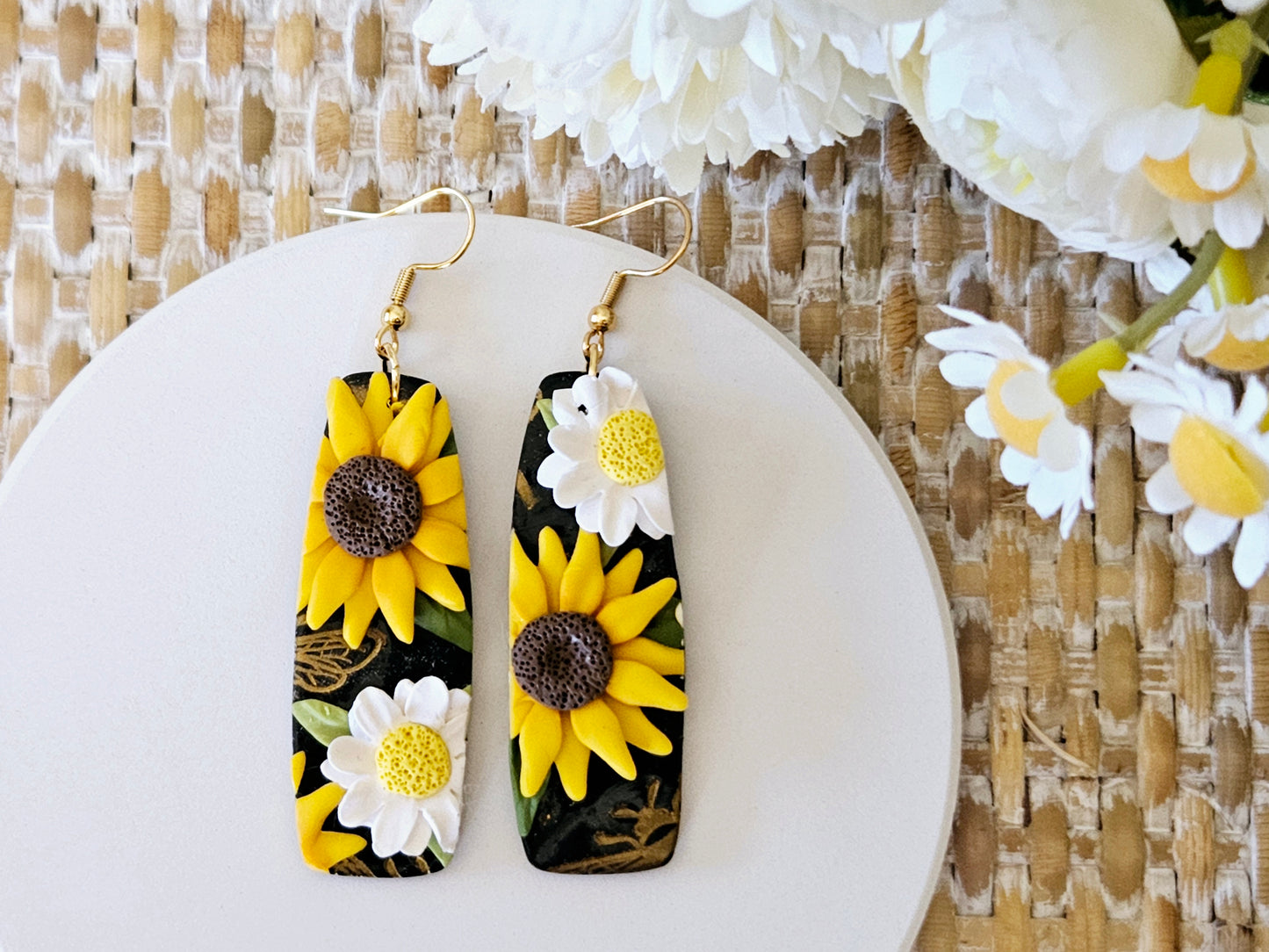 Sunflower and Daisy One Off Design Rectangular Earrings