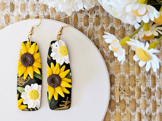 Sunflower and Daisy One Off Design Rectangular Earrings