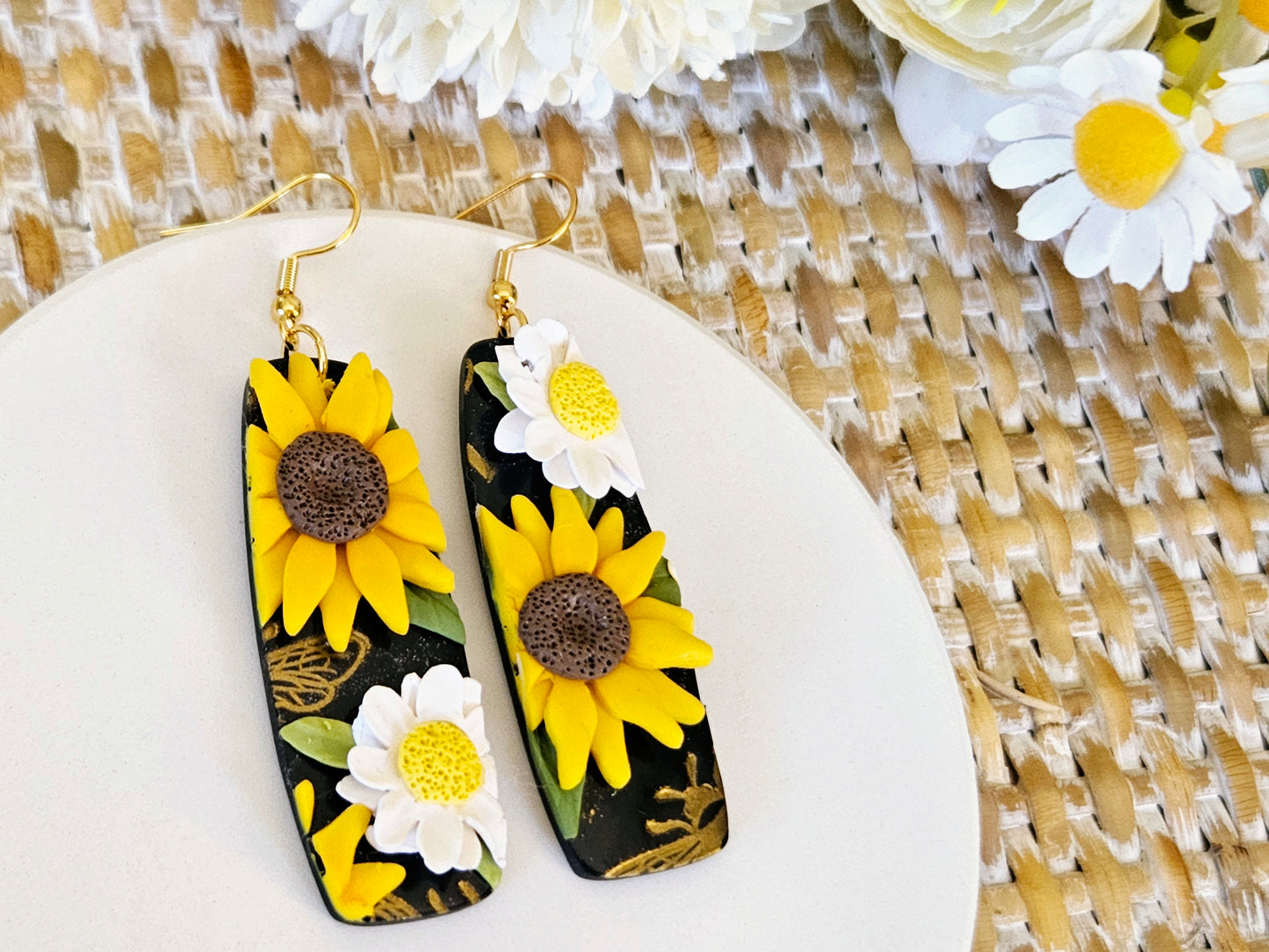 Sunflower and Daisy One Off Design Rectangular Earrings