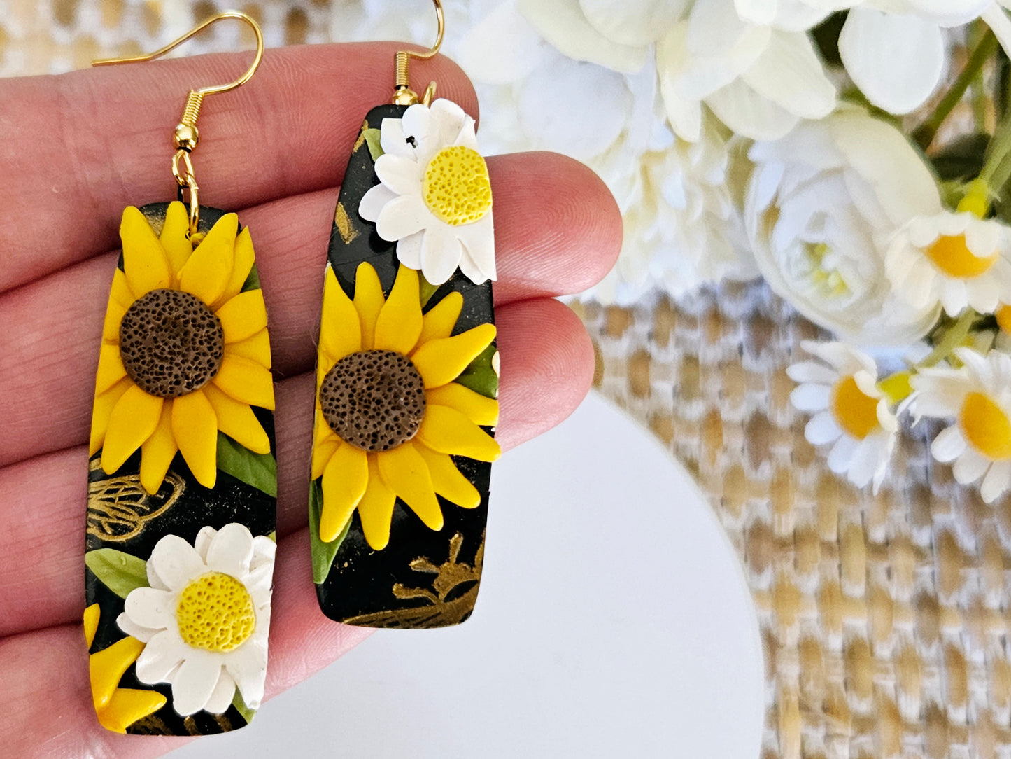 Sunflower and Daisy One Off Design Rectangular Earrings