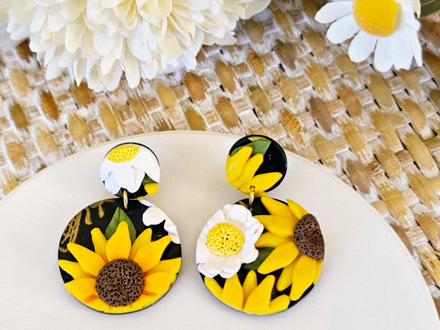 Sunflower and Daisy One Off Small Circle Earrings