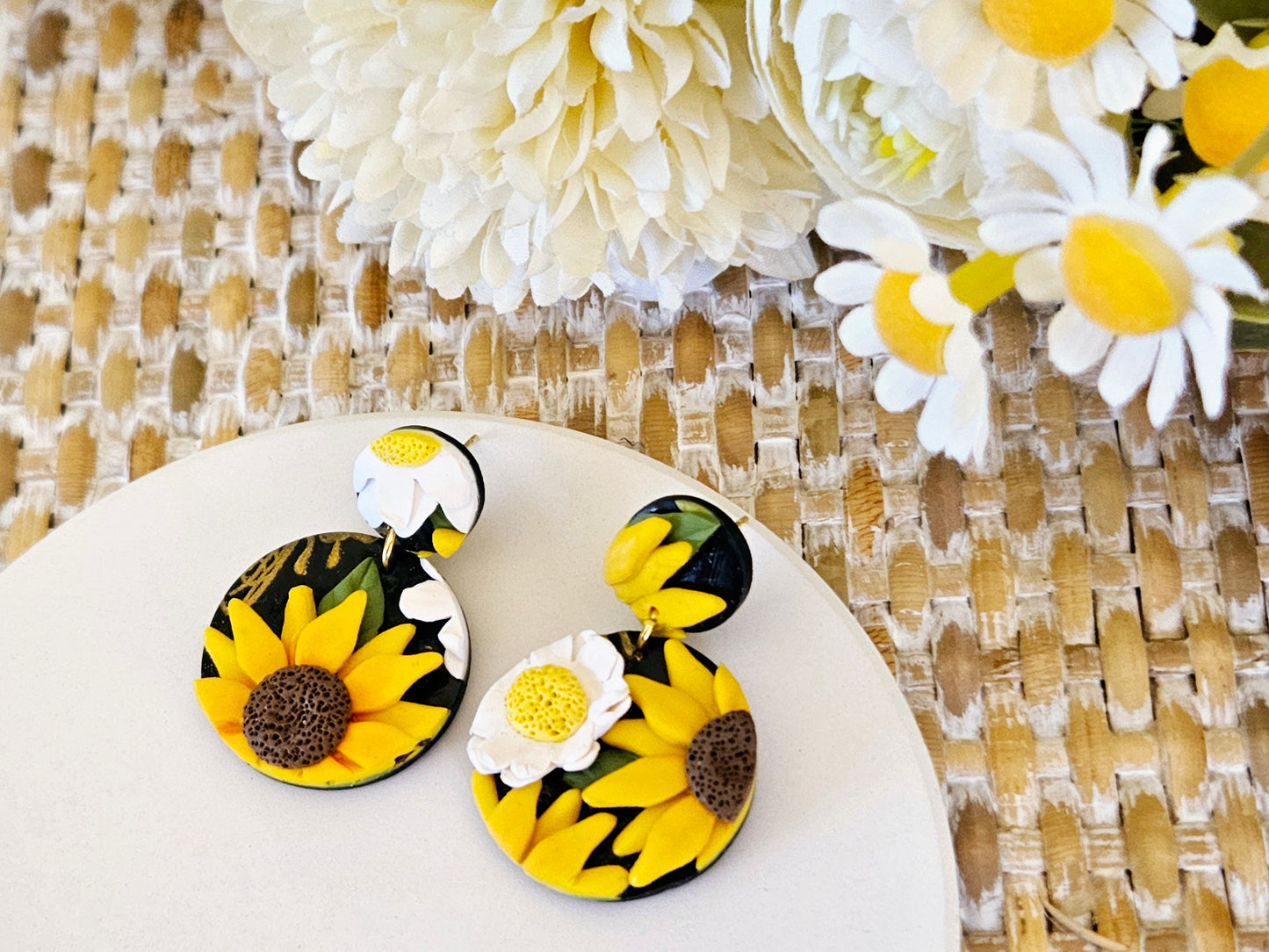 Sunflower and Daisy One Off Small Circle Earrings