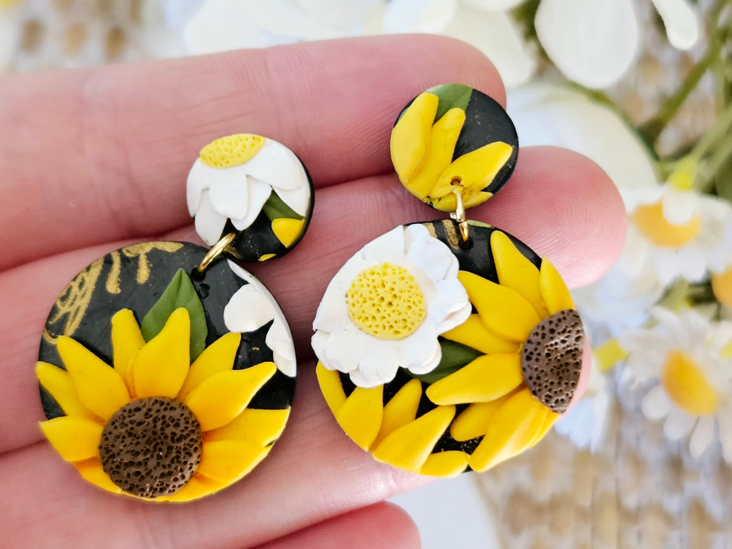 Sunflower and Daisy One Off Small Circle Earrings