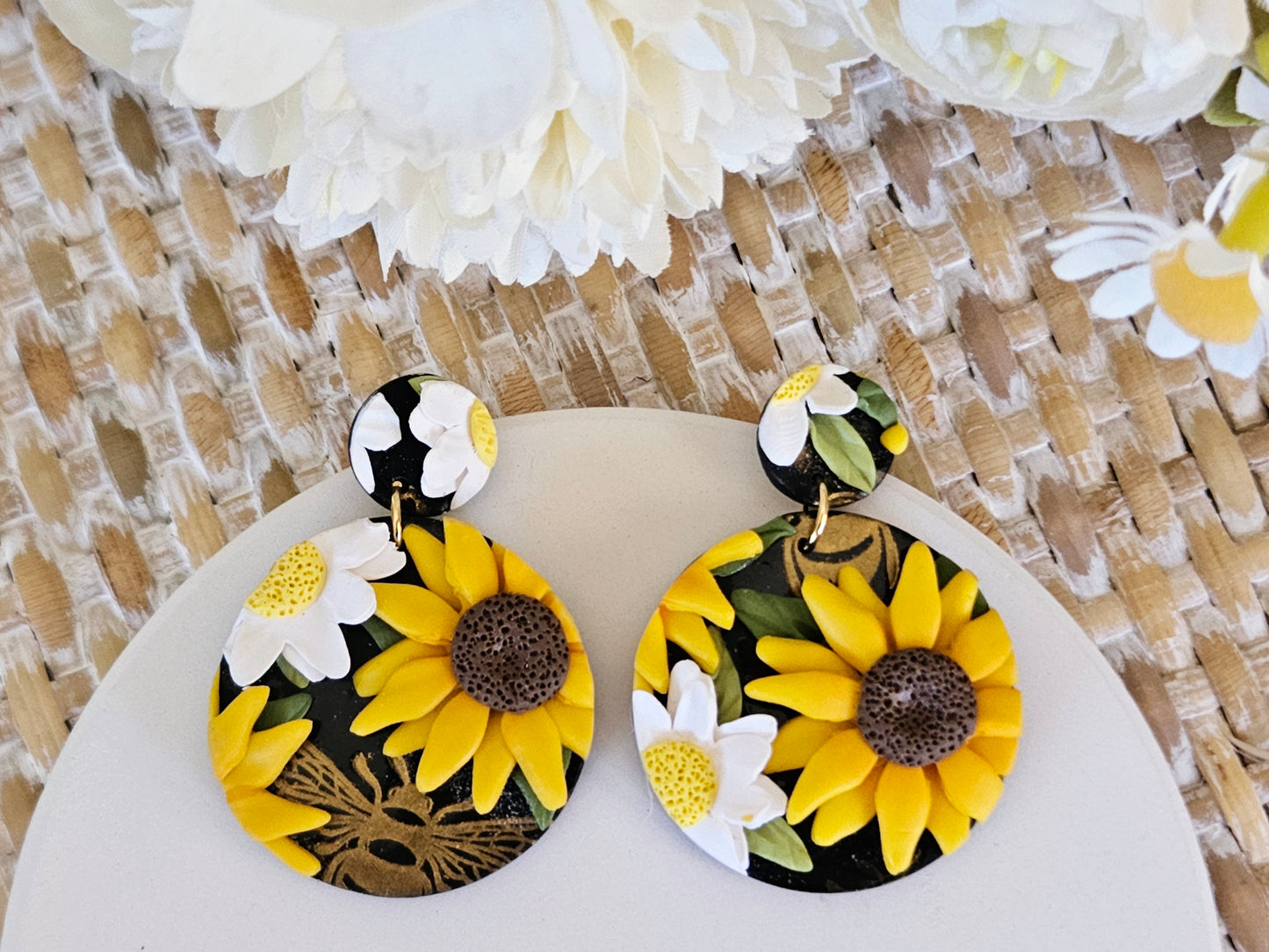 Sunflower and Daisy One Off Large Circle Earrings