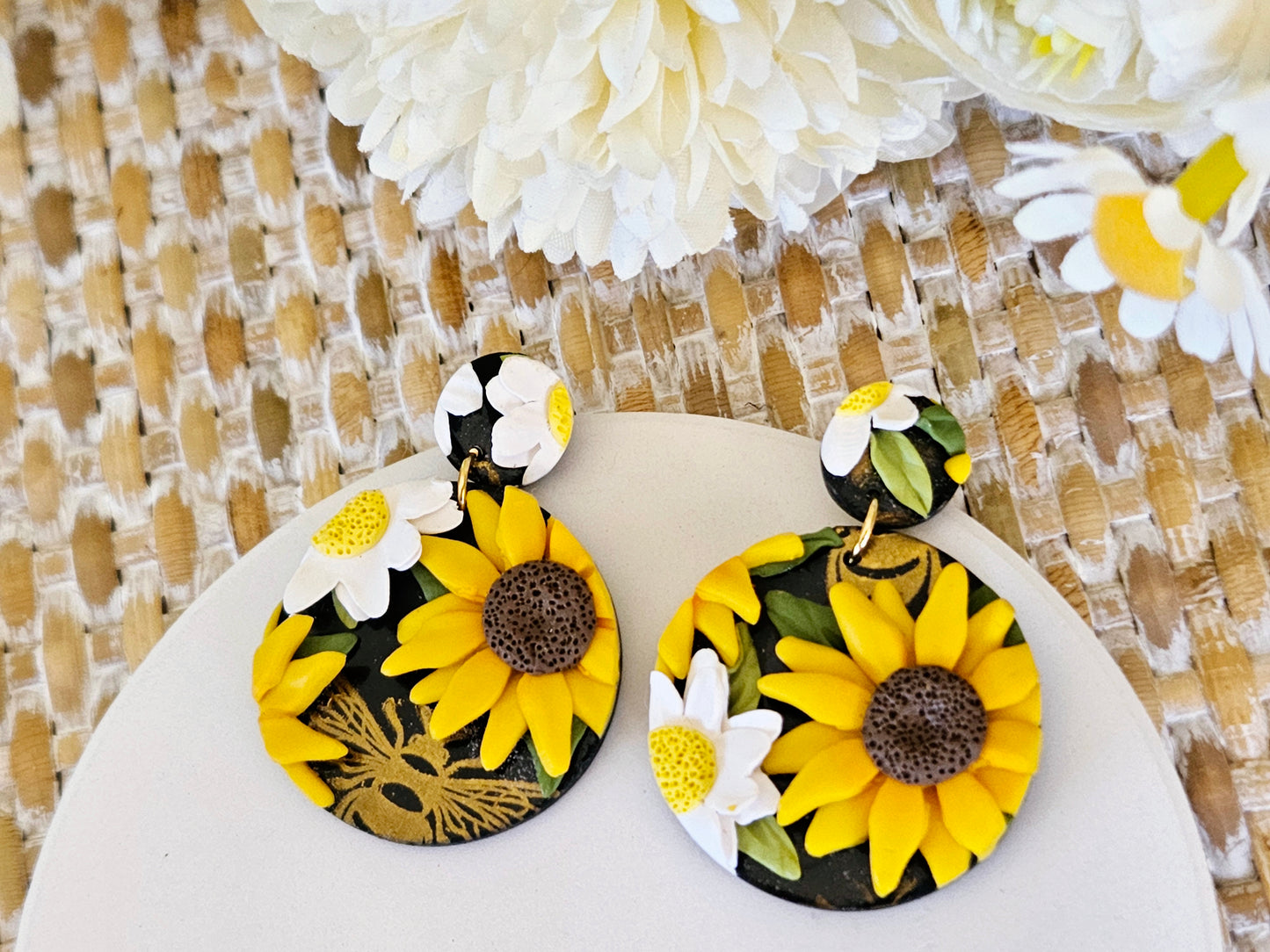 Sunflower and Daisy One Off Large Circle Earrings