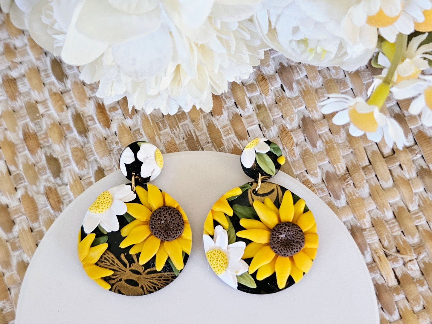 Sunflower and Daisy One Off Large Circle Earrings