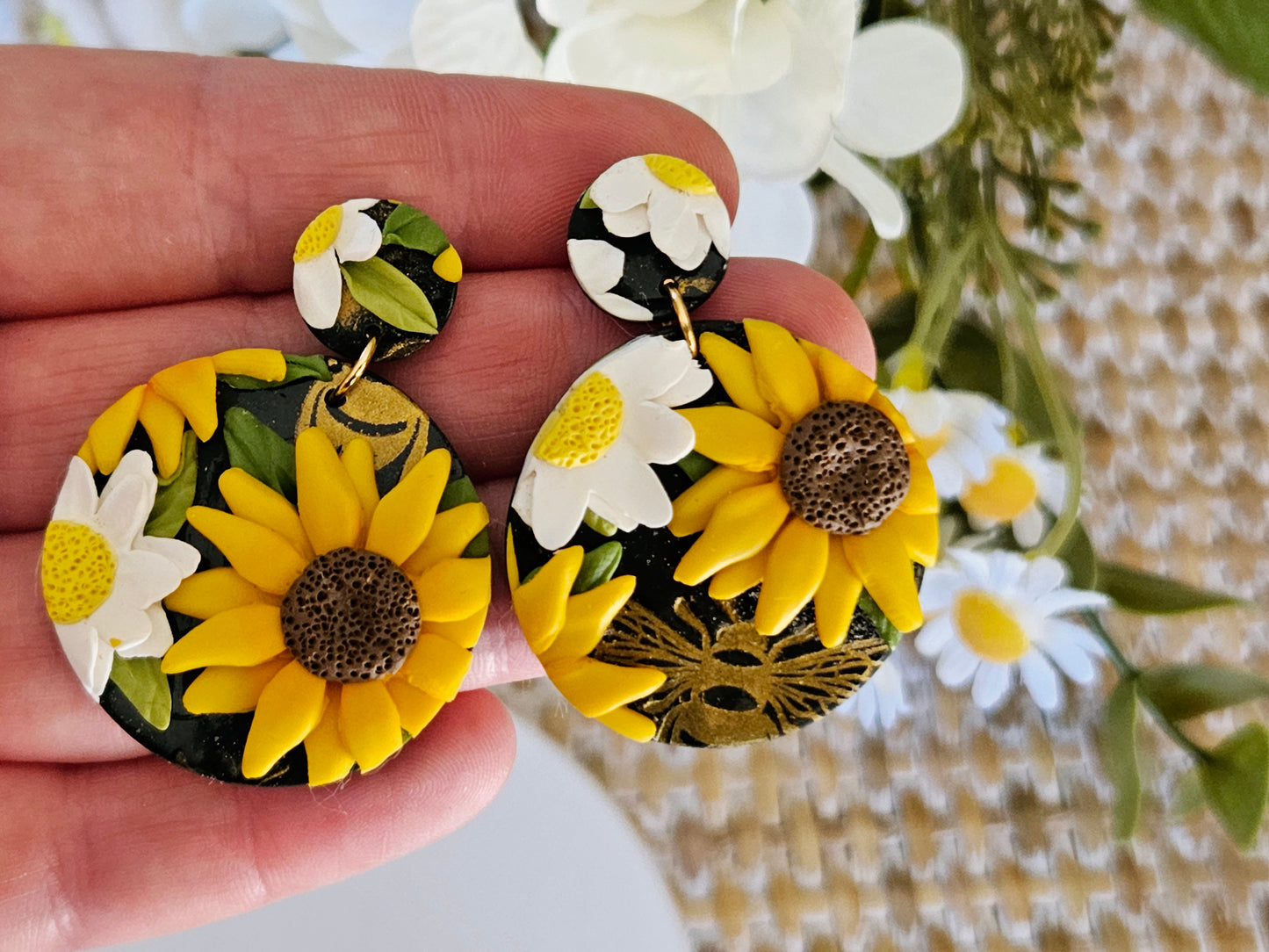 Sunflower and Daisy One Off Large Circle Earrings