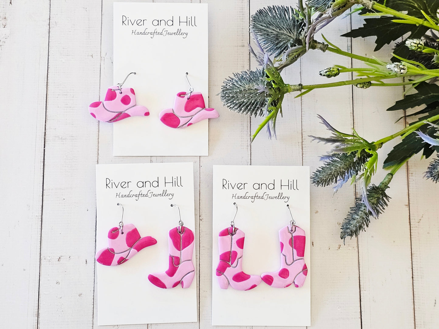 Cow Print Pink Cowboy Boot Earrings