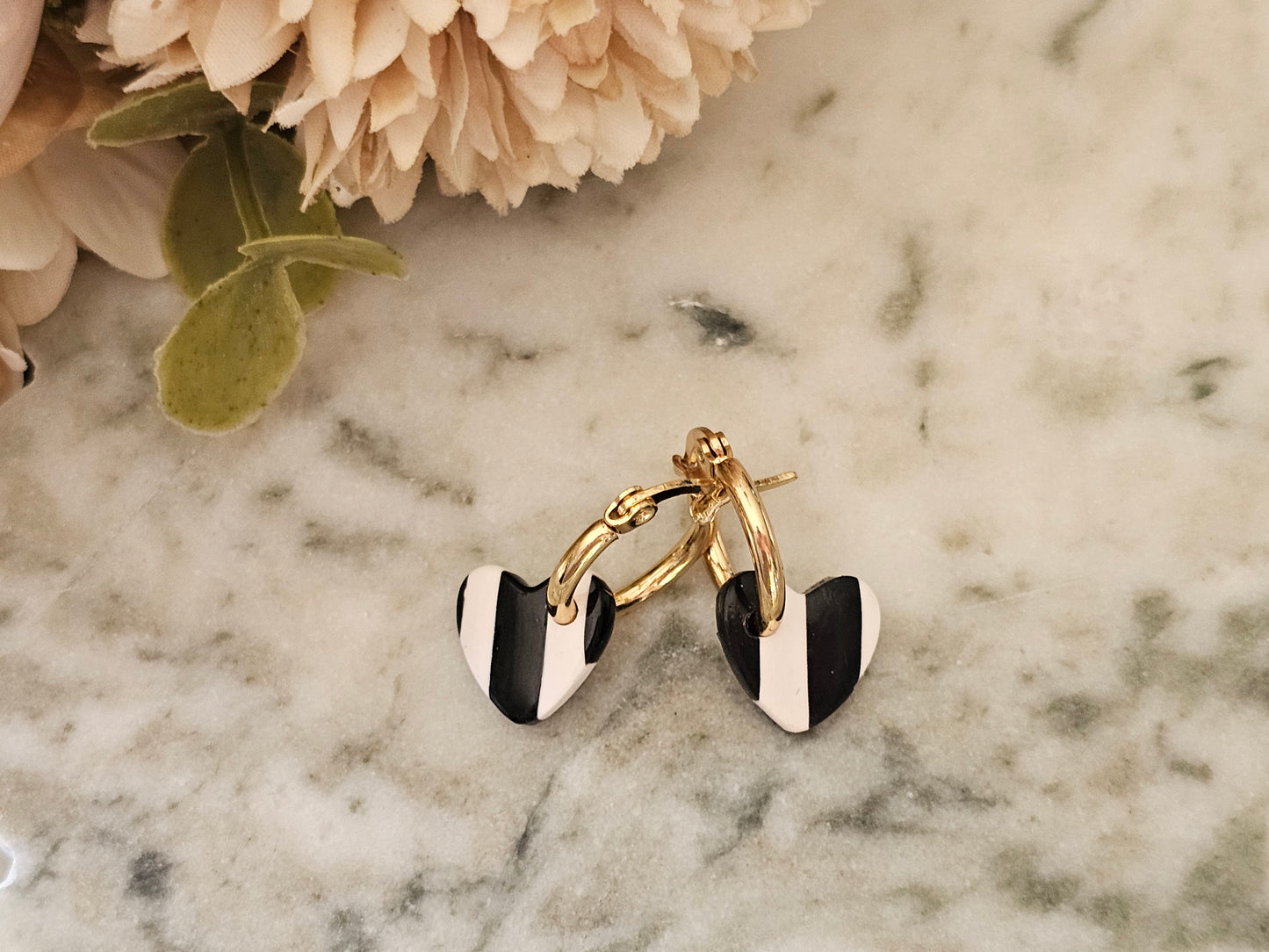 Striped Hoop Heart Earrings Black and White
