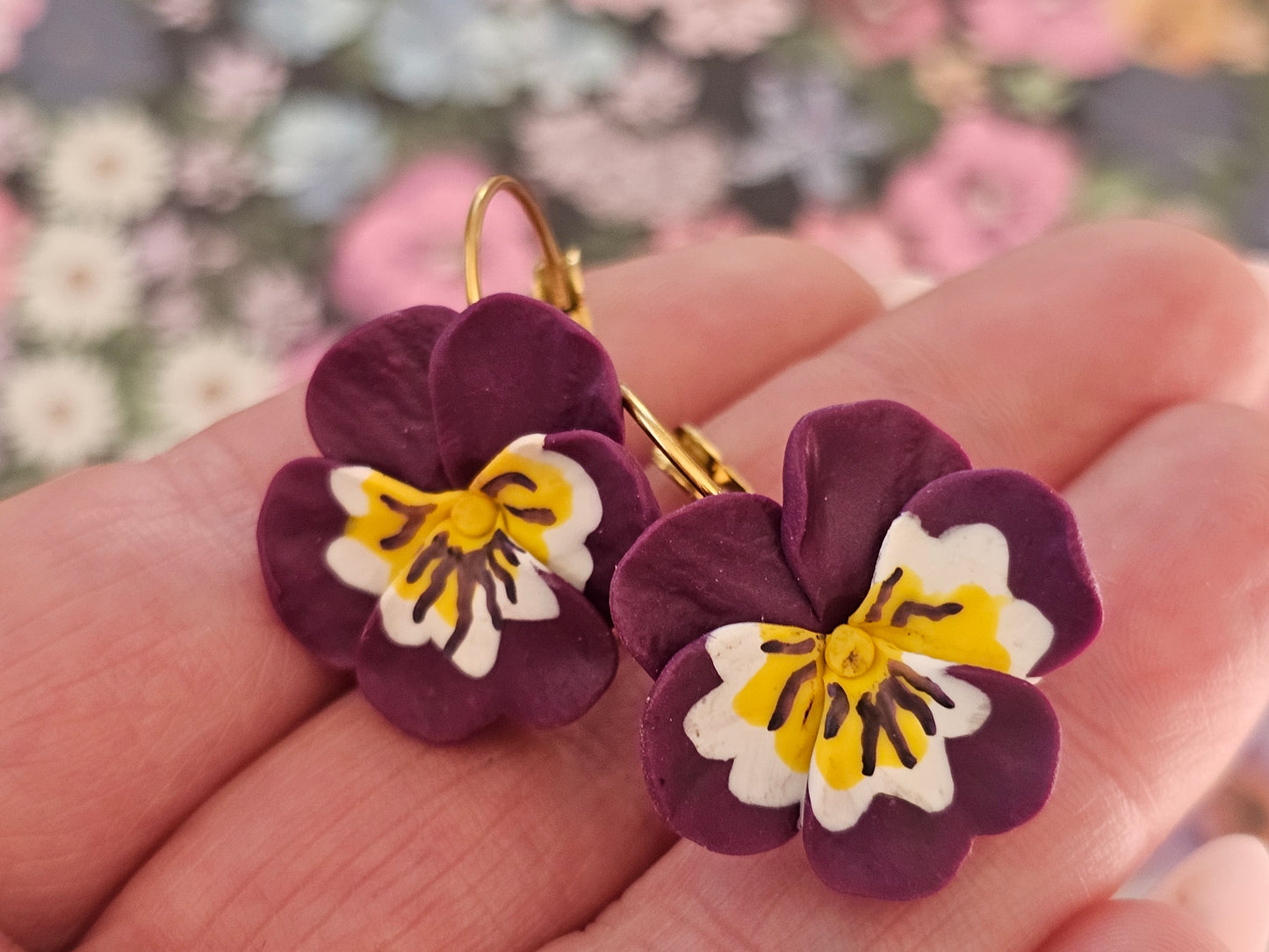 Pansy French Hook Purple Earrings