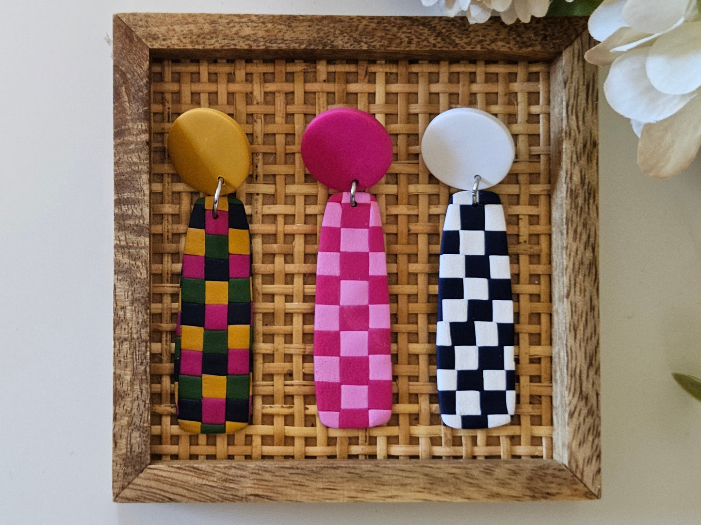 Checkered Bar Pink Earrings