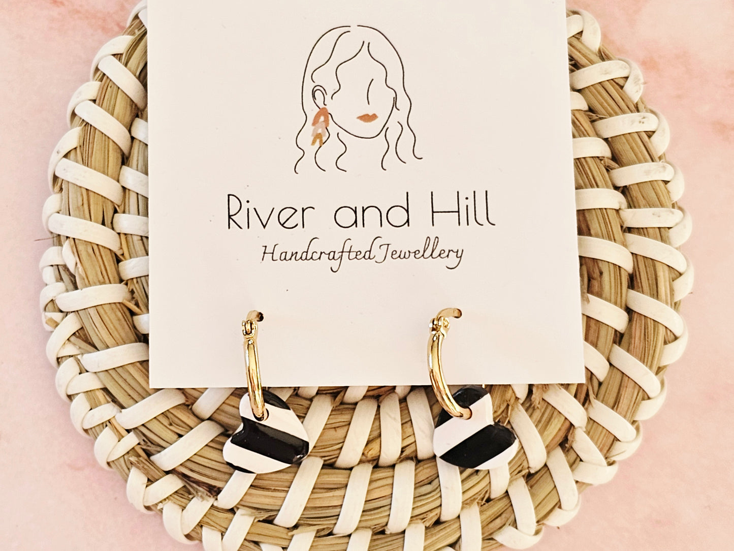 Striped Hoop Heart Earrings Navy and White