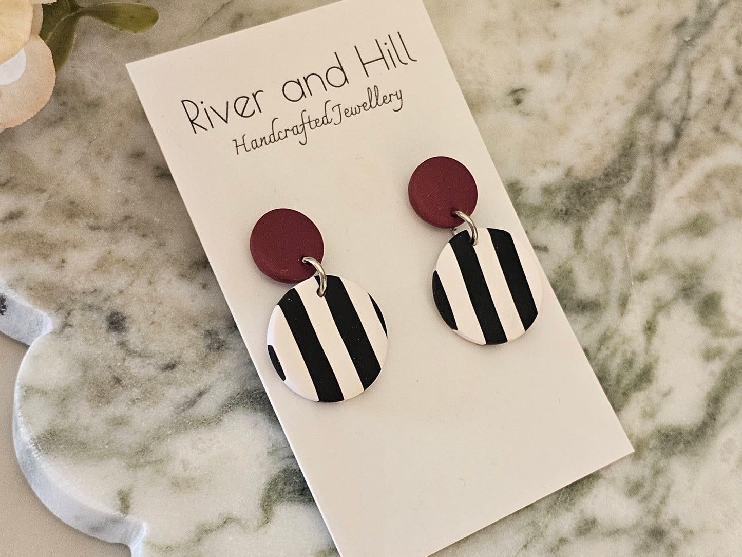 Striped Earrings Black, White and Burgundy