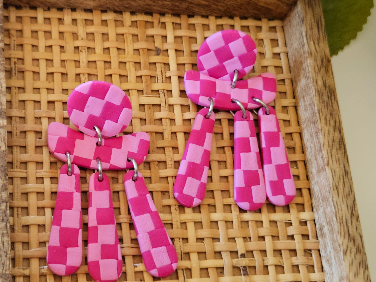 Checkered Dangle Pink Earrings