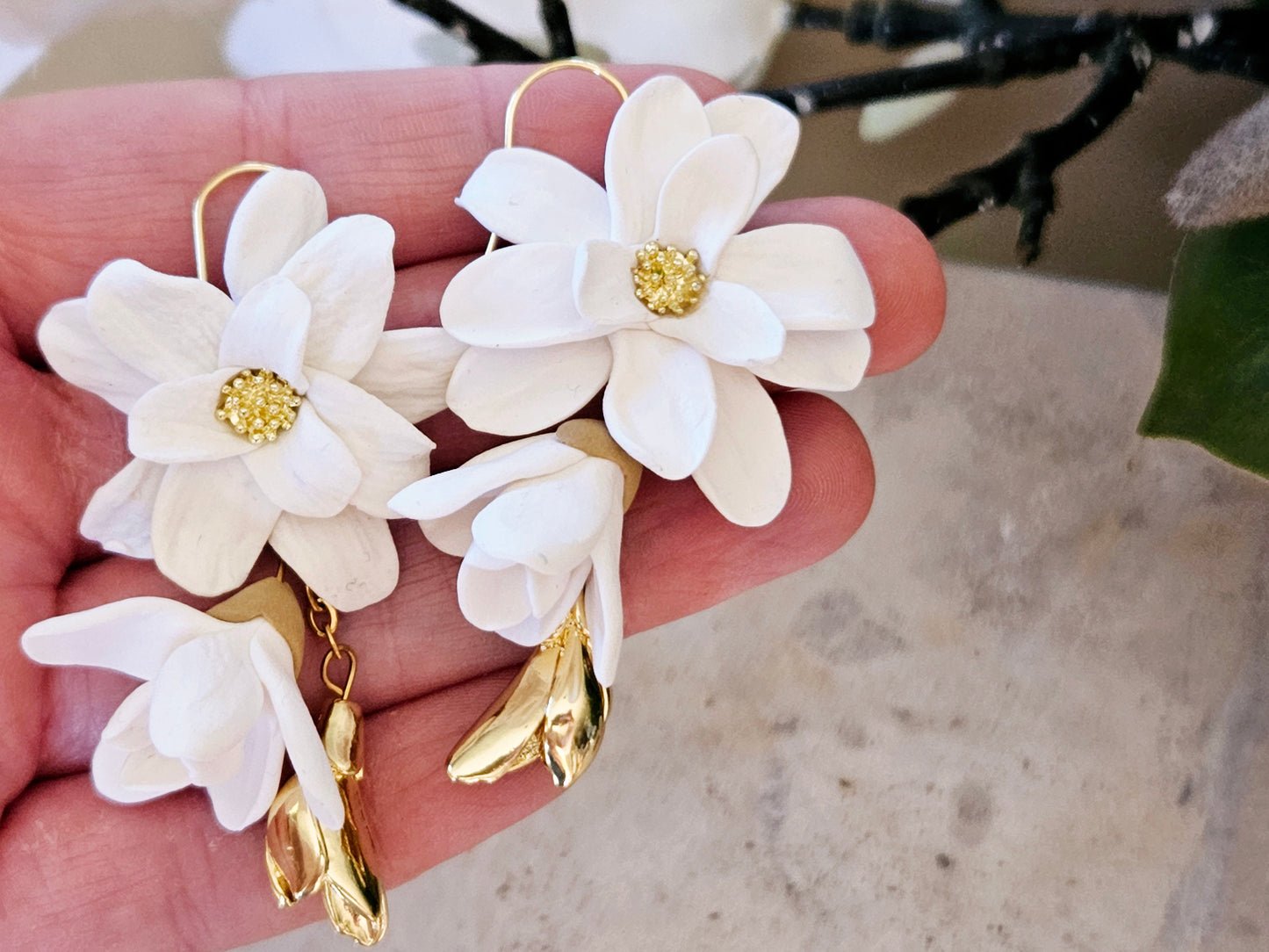 Magnolia Dangle Earrings White