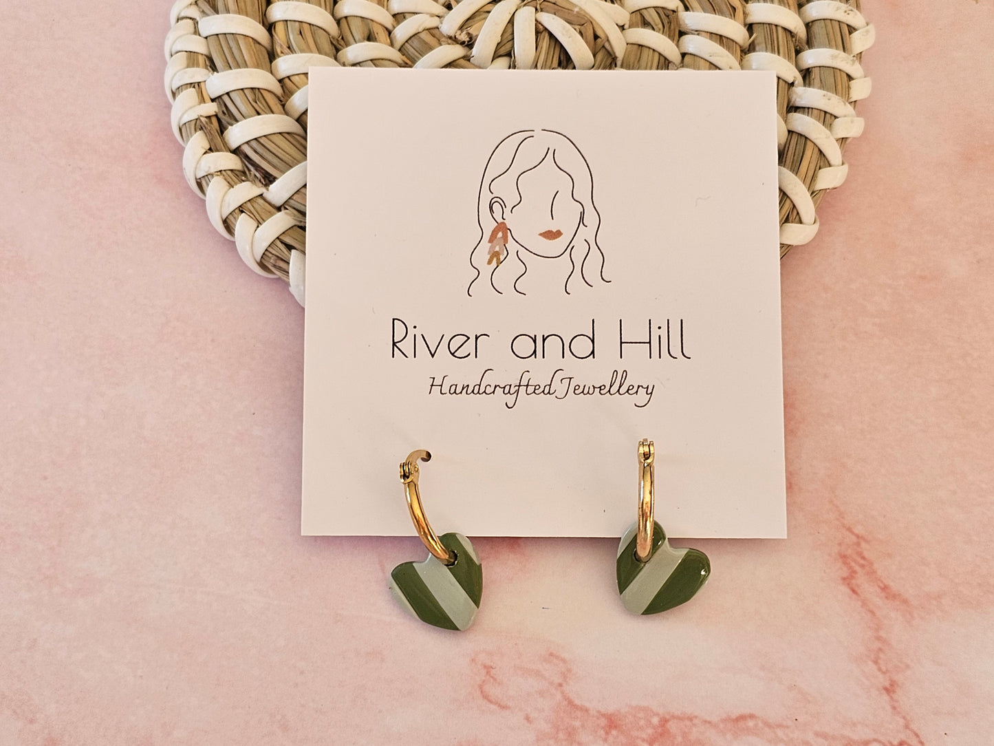 Striped Hoop Heart Earrings Olive and Sage Green