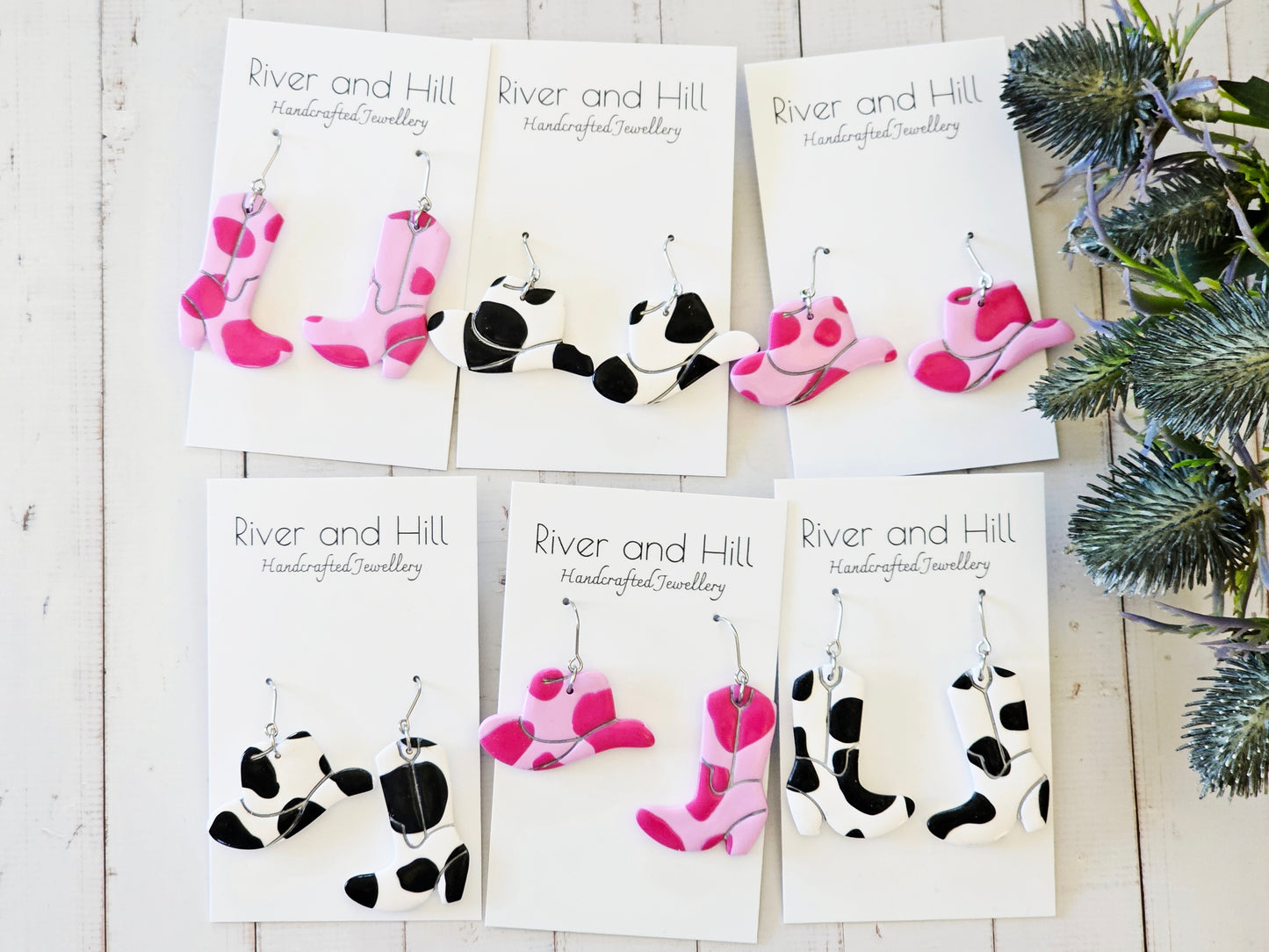 Cow Print Pink Cowboy Boot Earrings