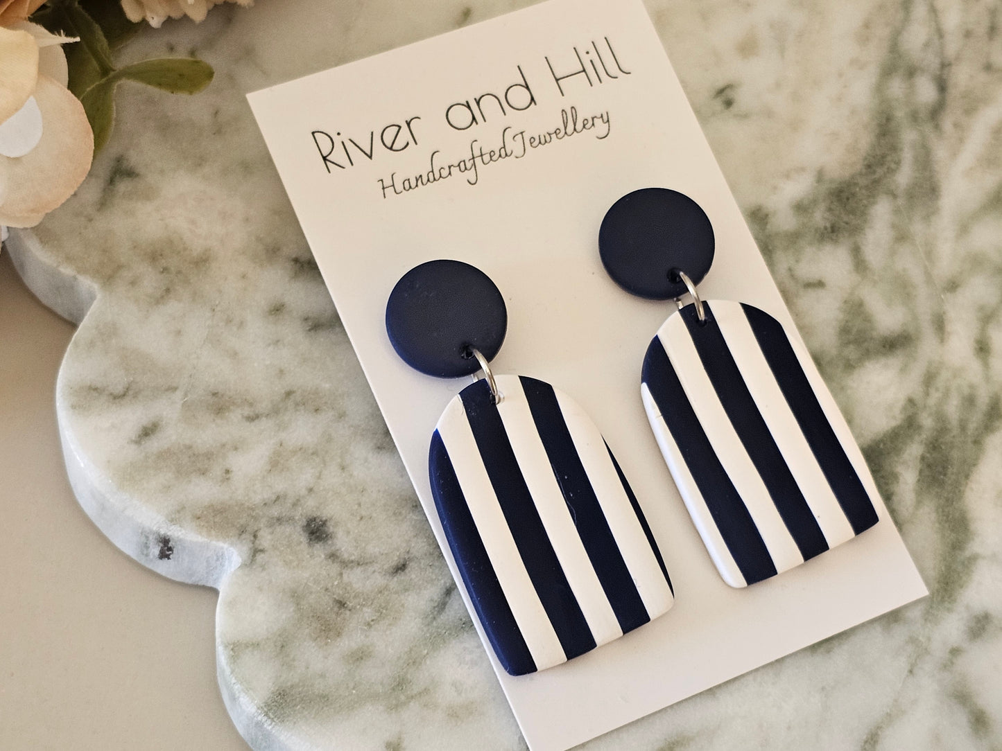 Striped Statement Earrings Navy and White