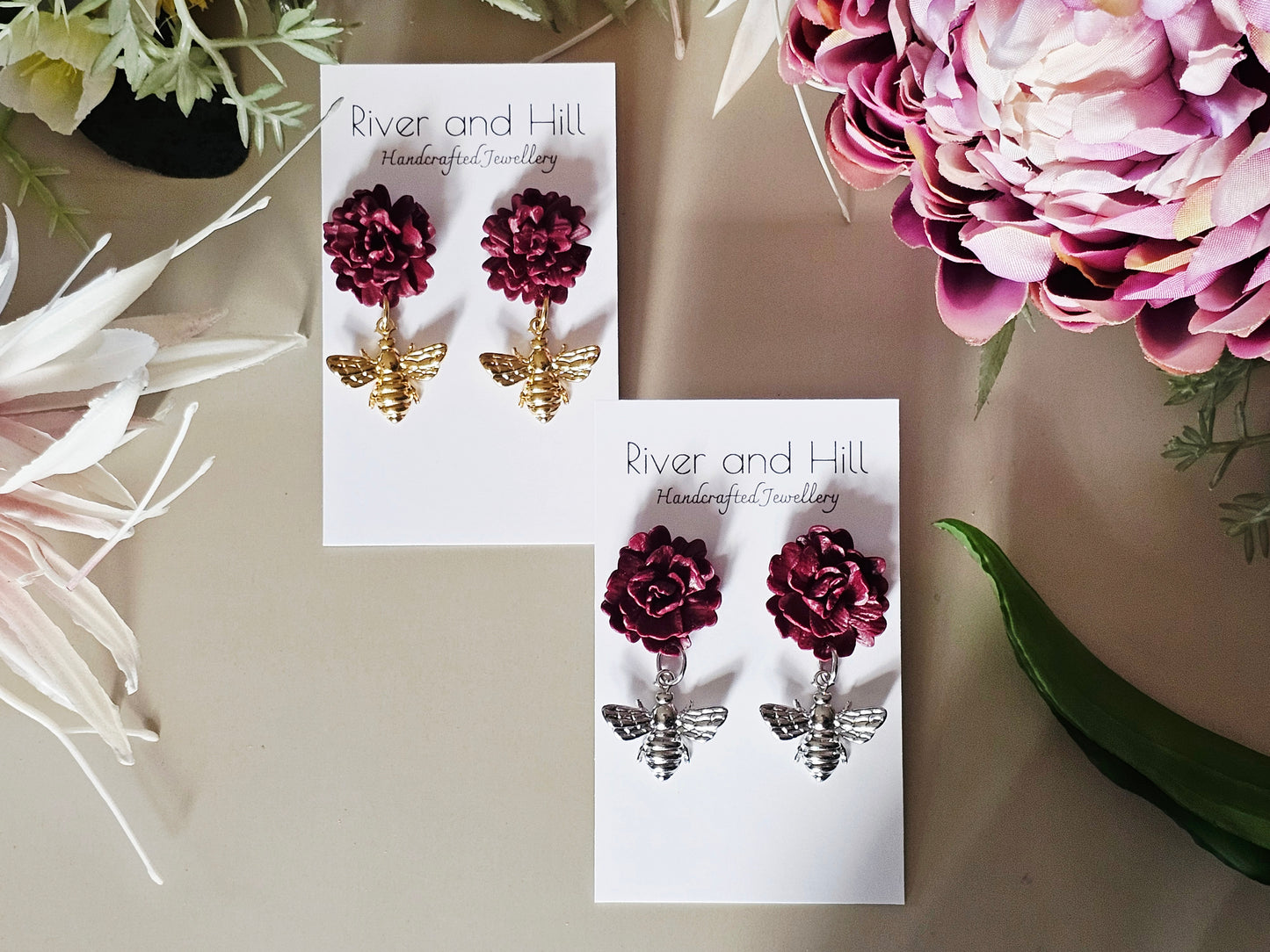 Carnation and Bee Charm Gold Earrings