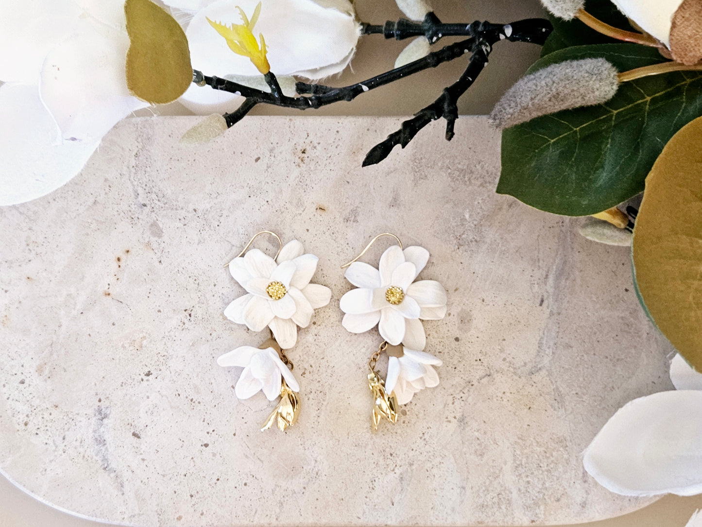 Magnolia Dangle Earrings White