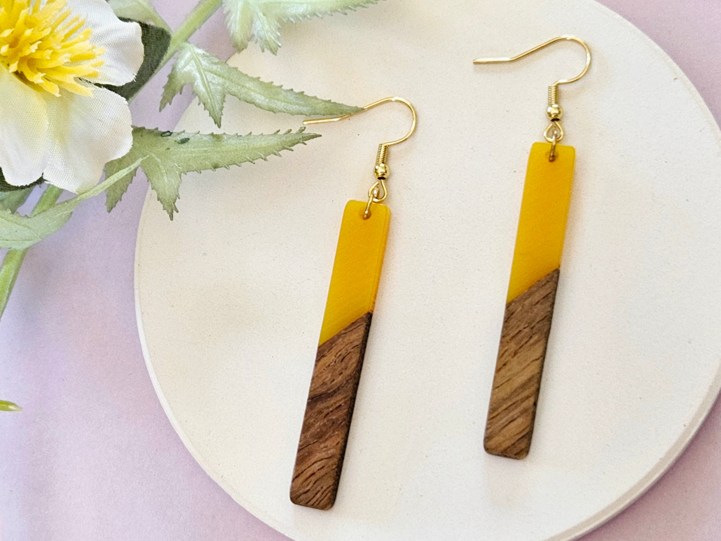 Wood and Resin Bar Gold Hook Earrings