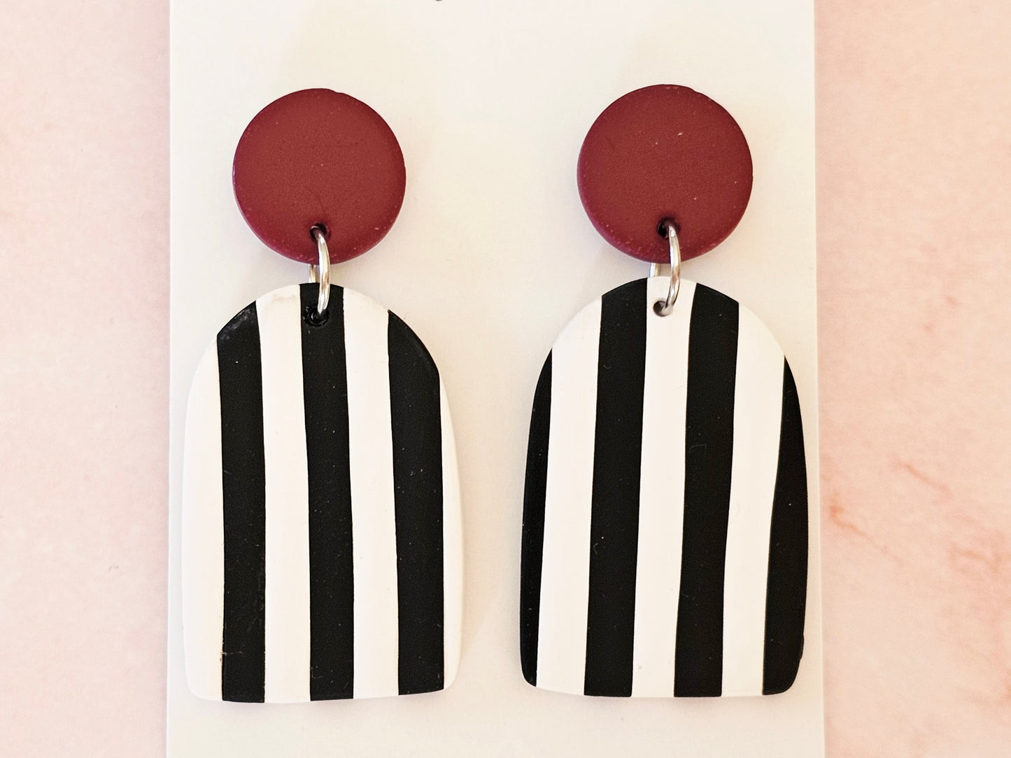 Striped Statement Earrings Black, White and Burgundy