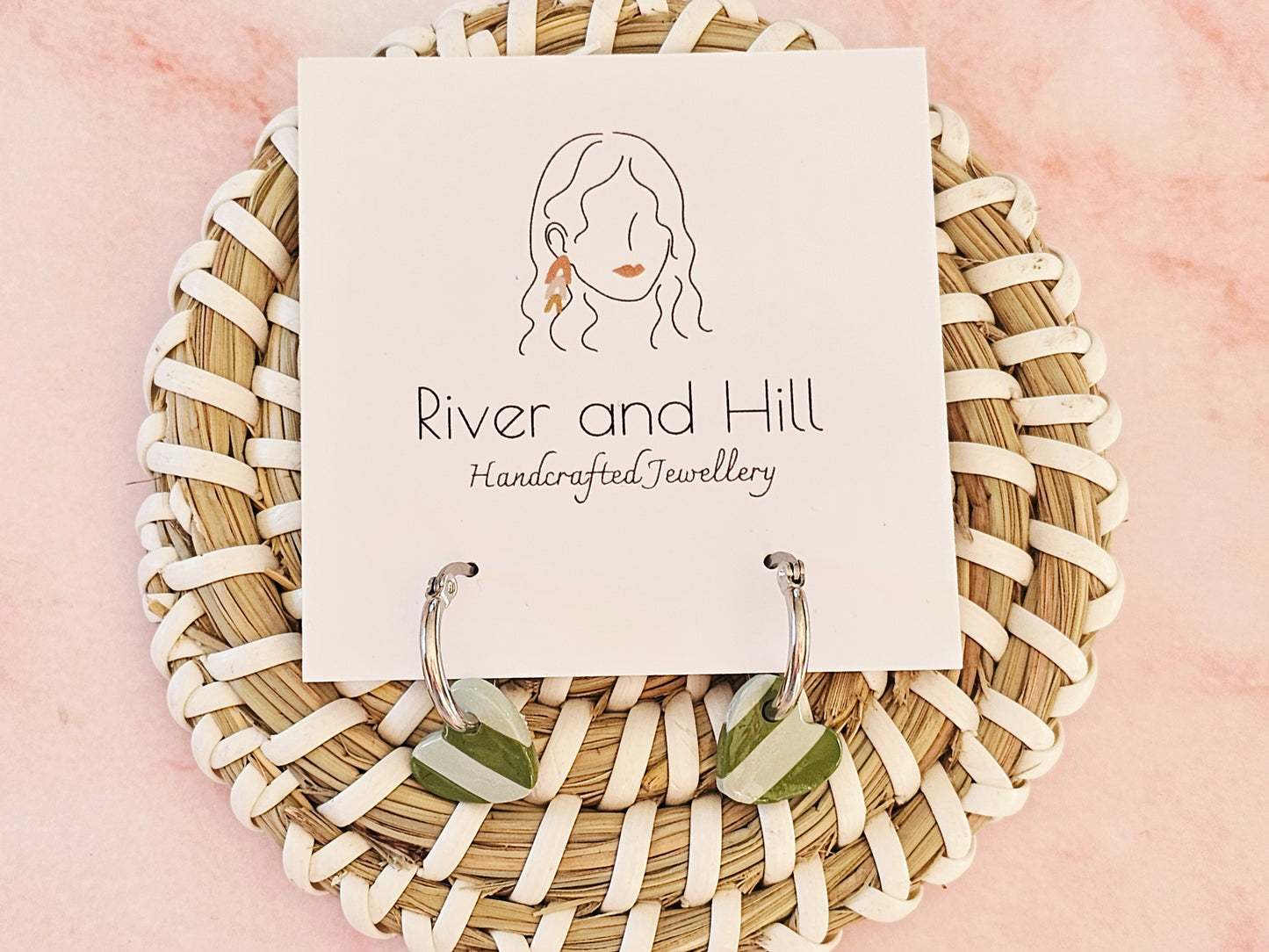 Striped Hoop Heart Earrings Olive and Sage Green