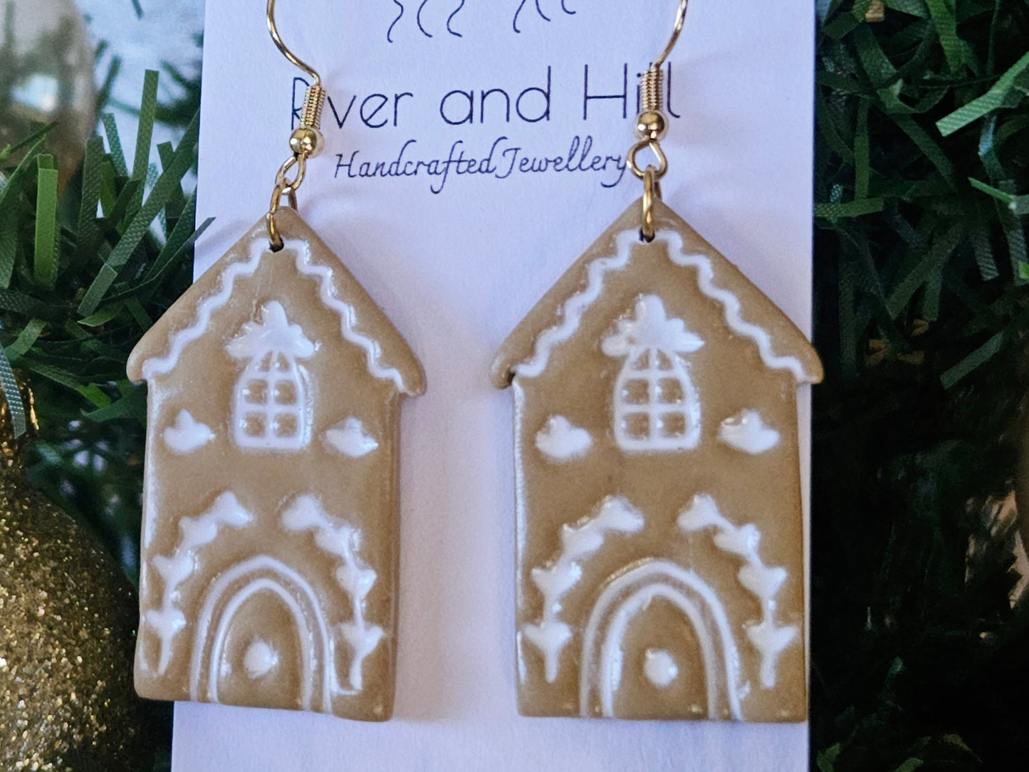 Christmas Folk Gingerbread House Hook Earrings