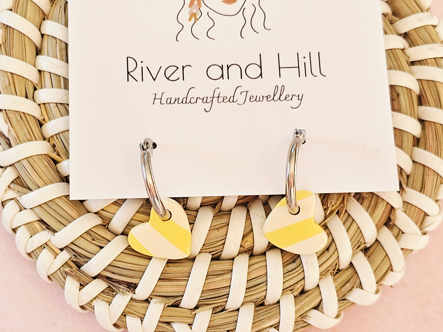 Striped Hoop Heart Earrings Yellow