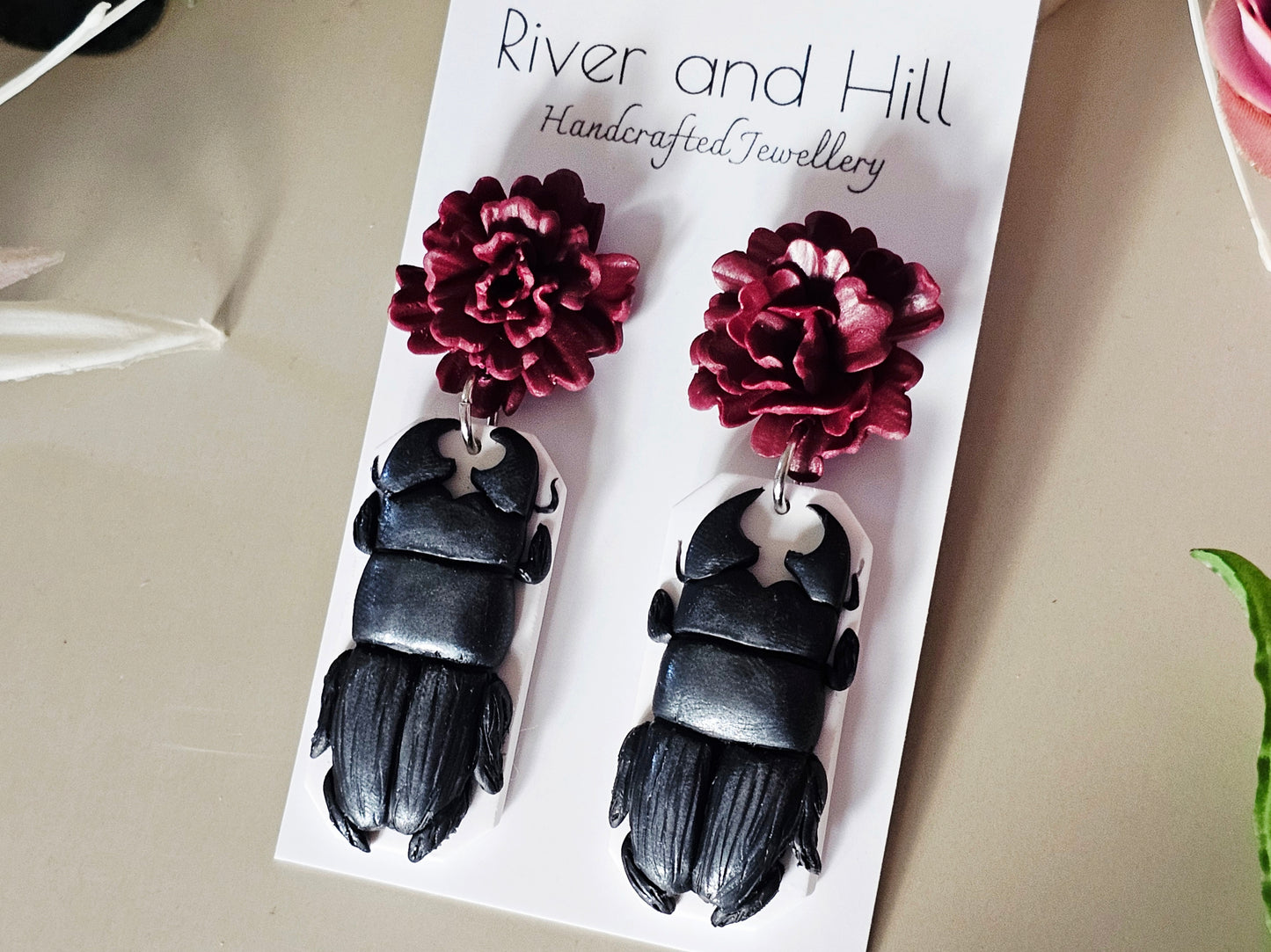 Stag Beetle & Carnation Earrings