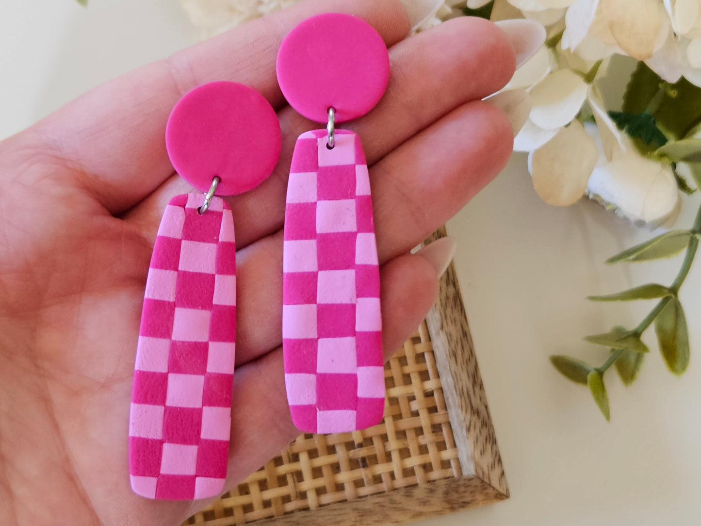Checkered Bar Pink Earrings