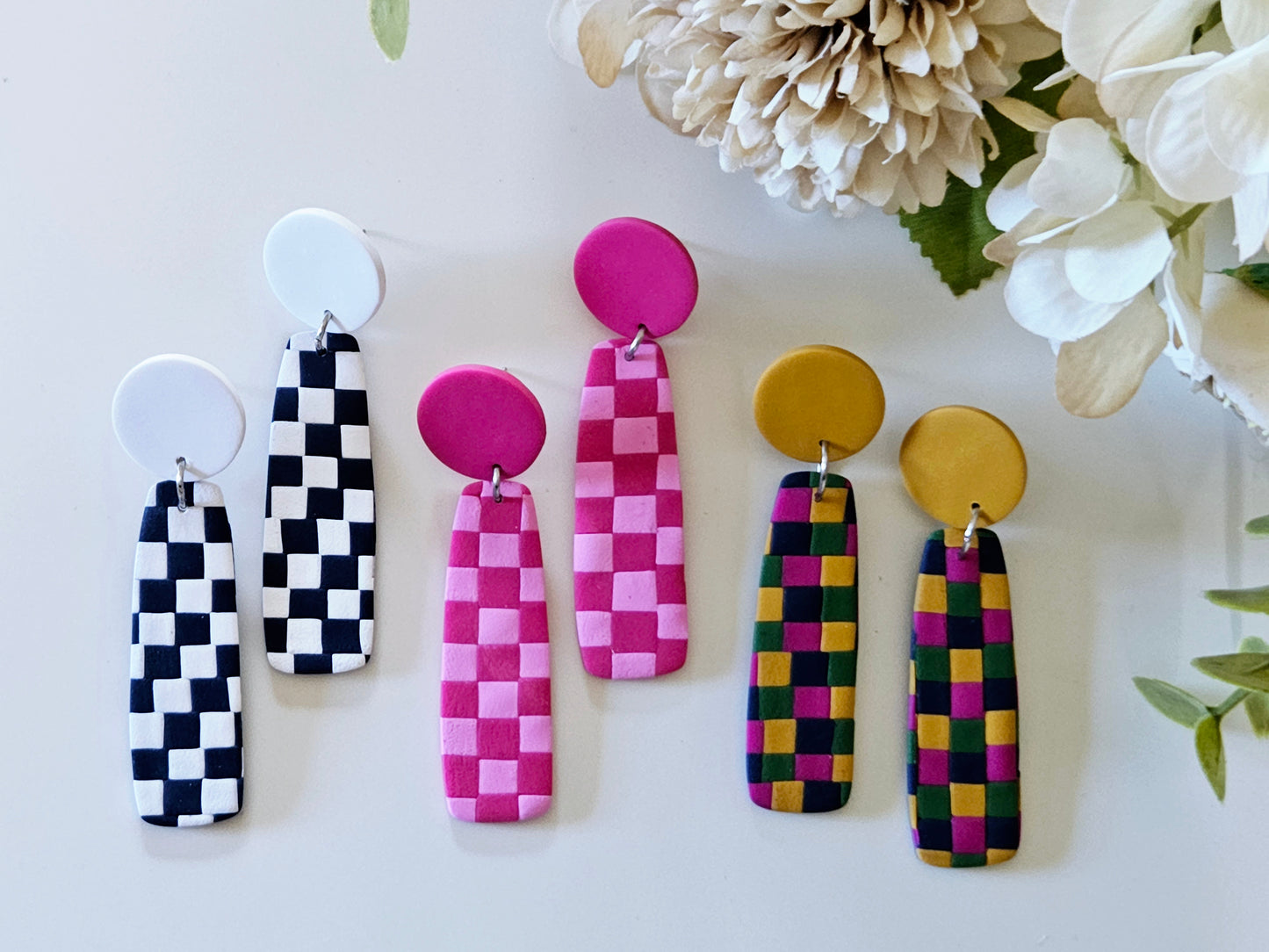 Checkered Bar Navy and White Earrings