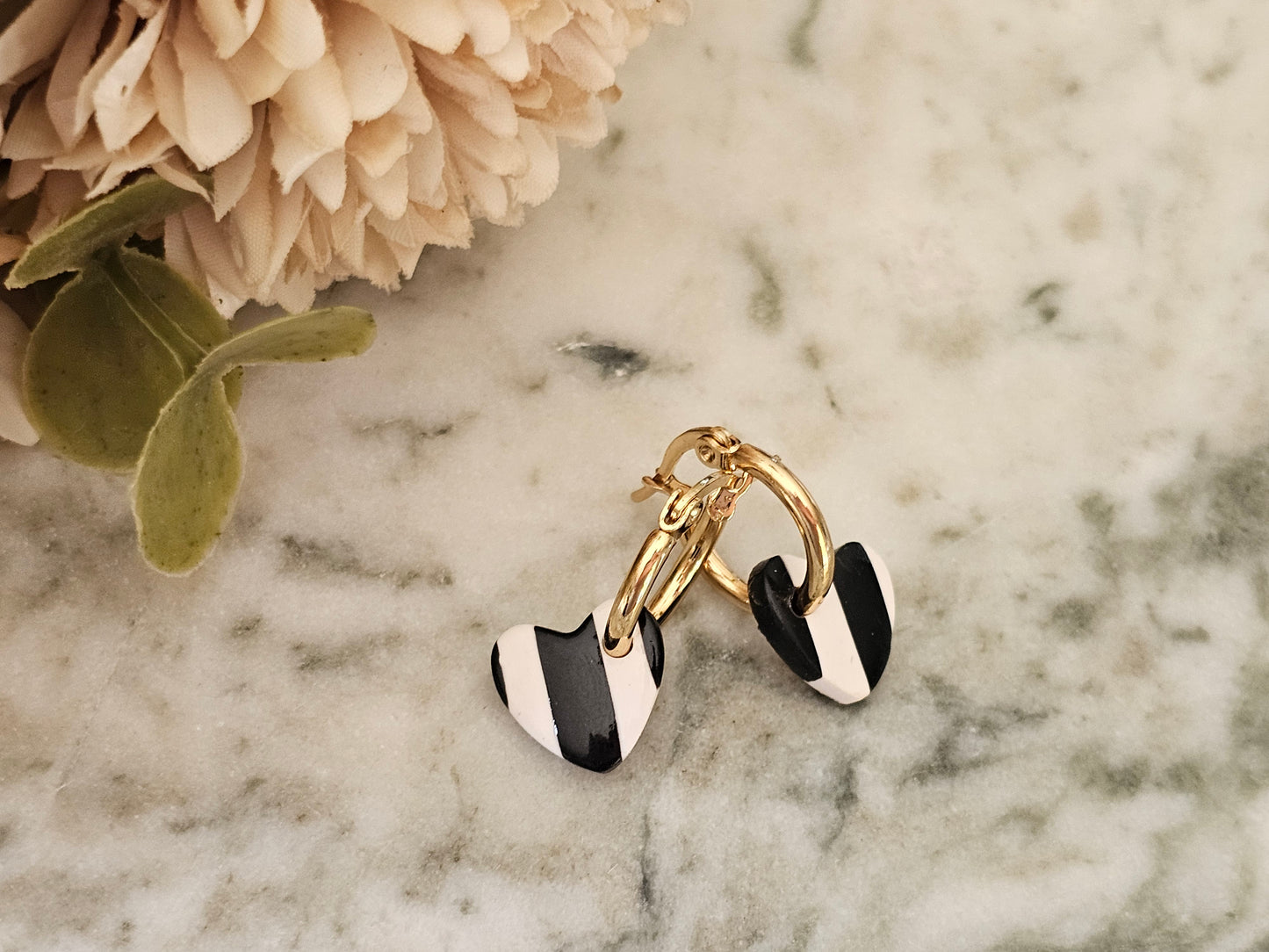 Striped Hoop Heart Earrings Black and White