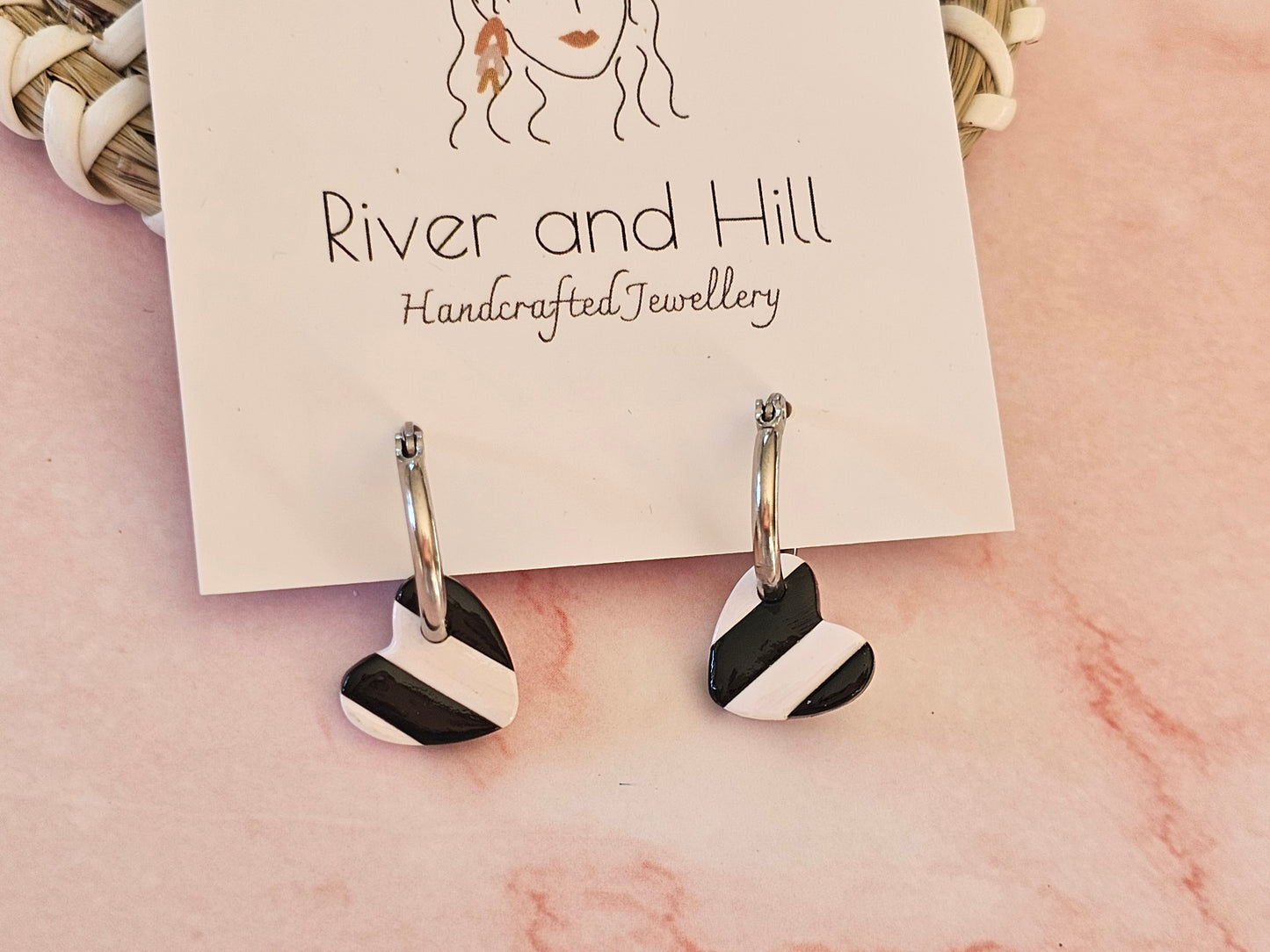 Striped Hoop Heart Earrings Black and White