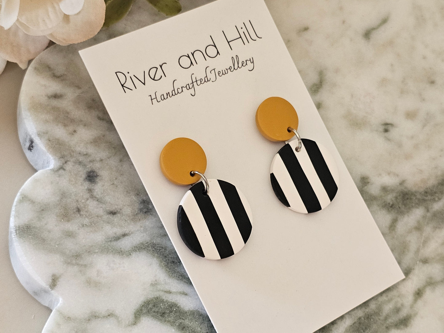 Striped Earrings Black, White and Mustard