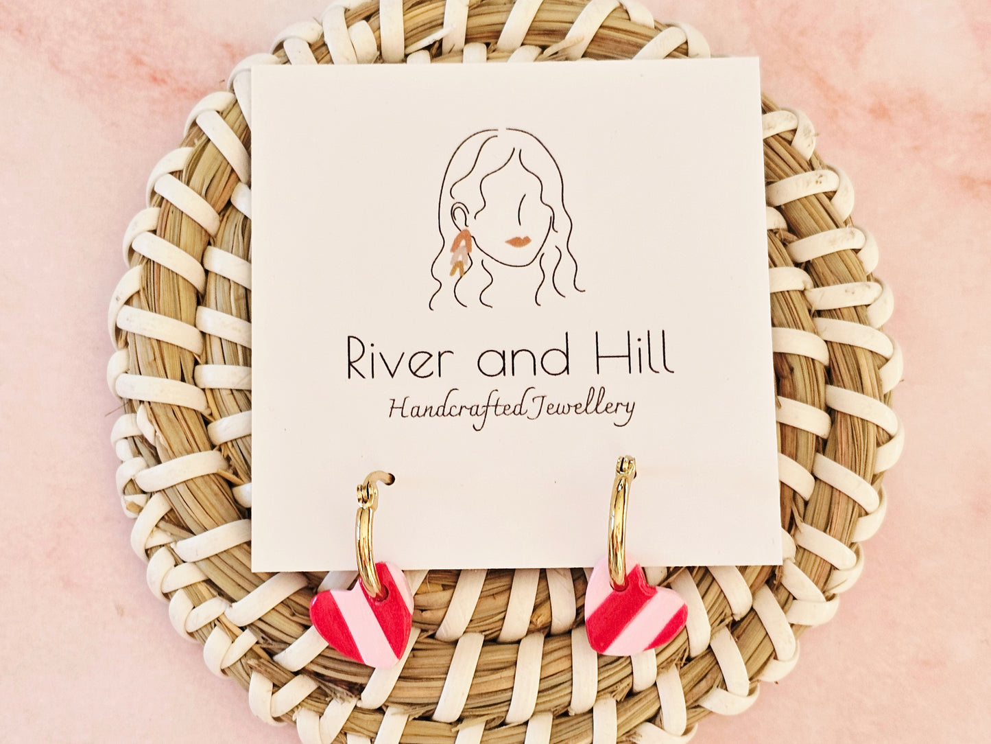 Striped Hoop Heart Earrings Pink and Red