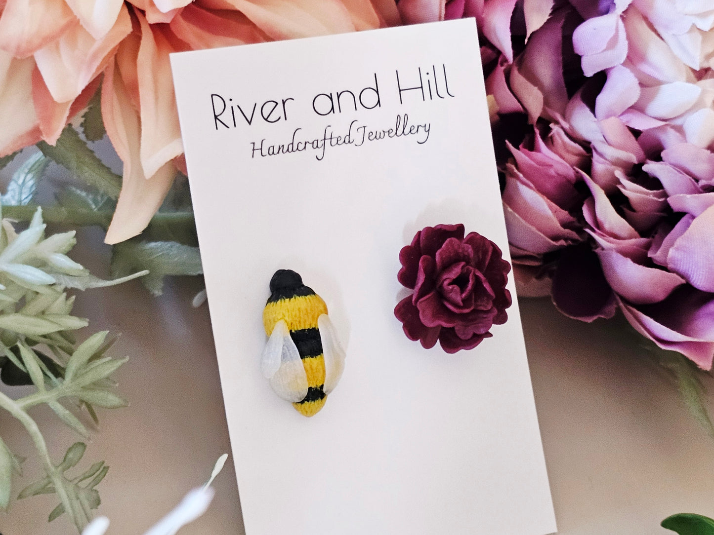 Carnation and Bumble Bee Earrings